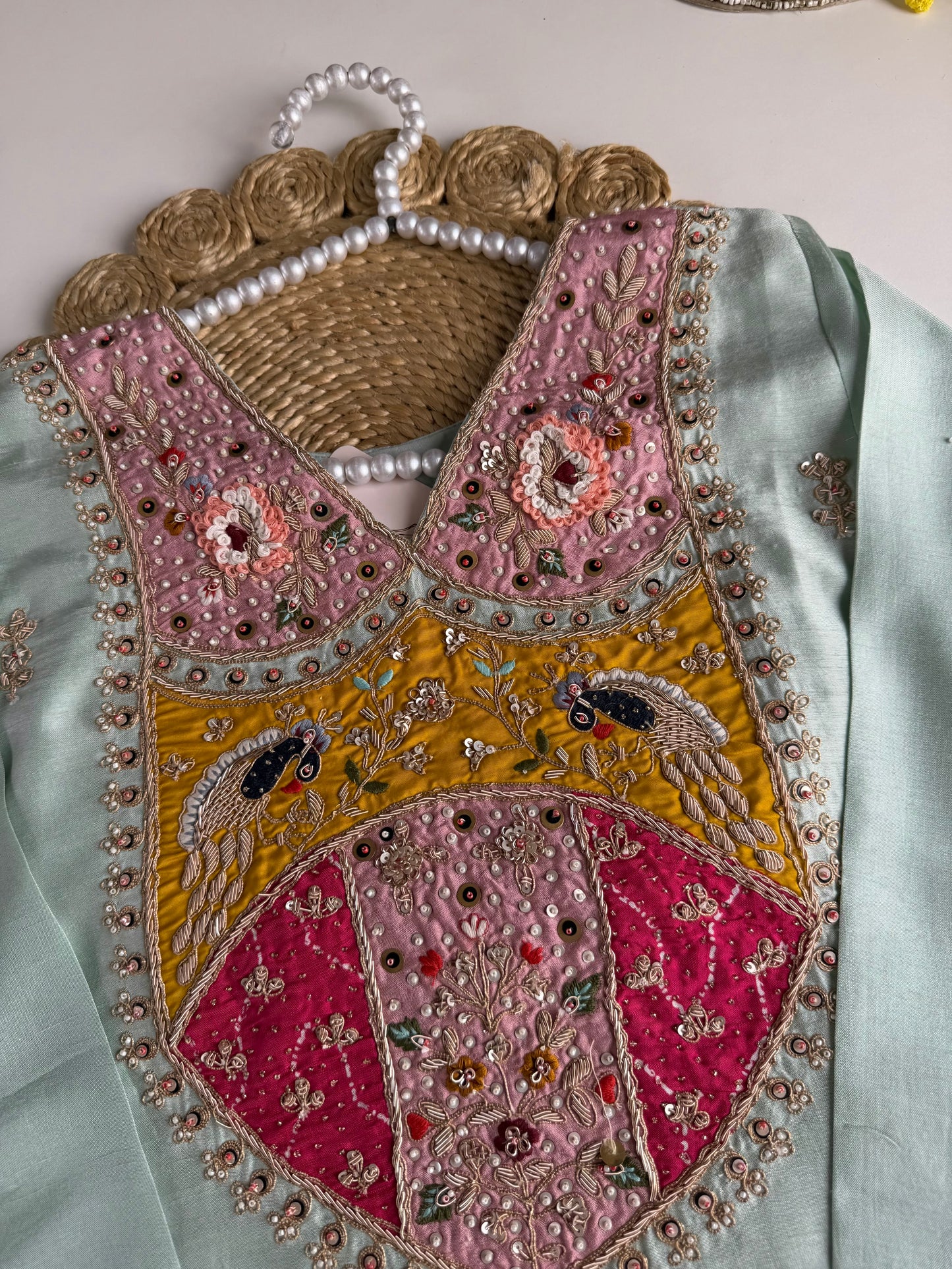 K154 - Russian silk handwork straight Kurti with pants and dupatta