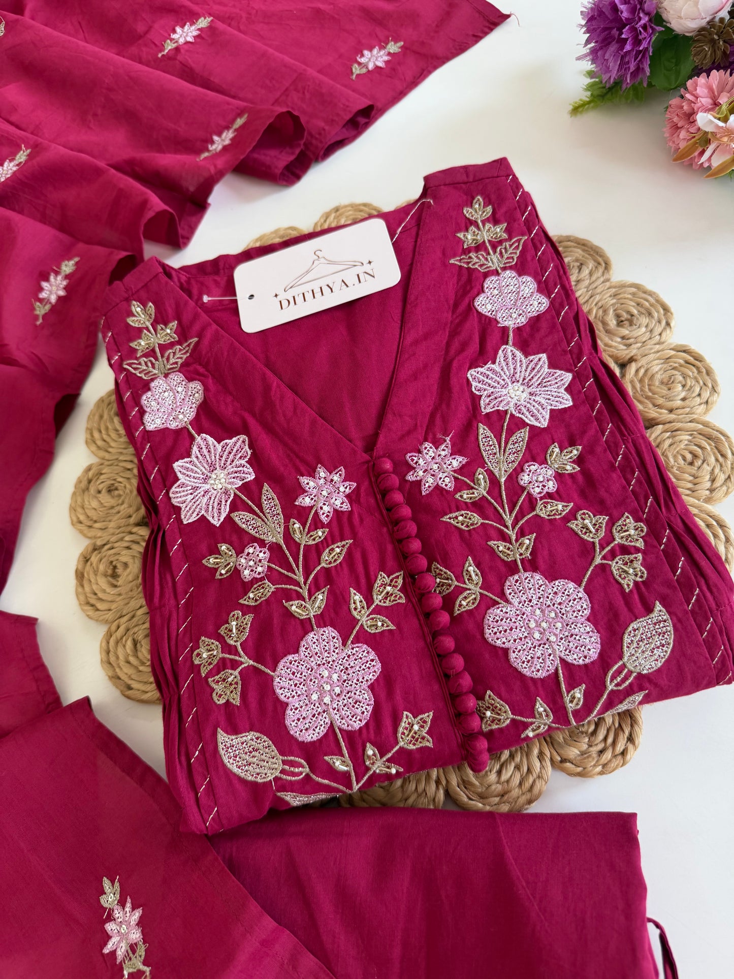 K355 - Mul cotton embroidered Anarkali with pants and dupatta