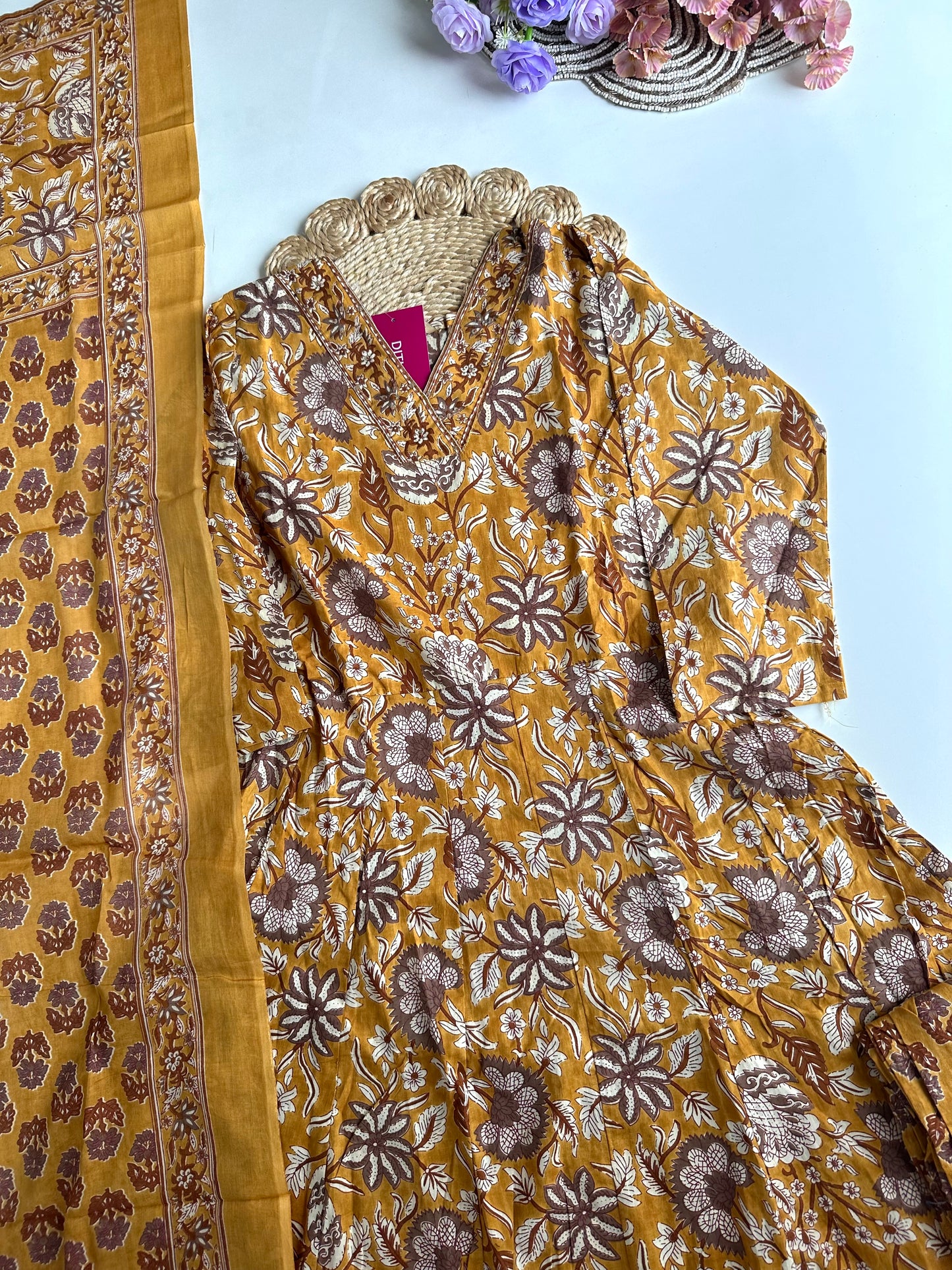 K103 - Cotton floral Anarkali with pants and dupatta