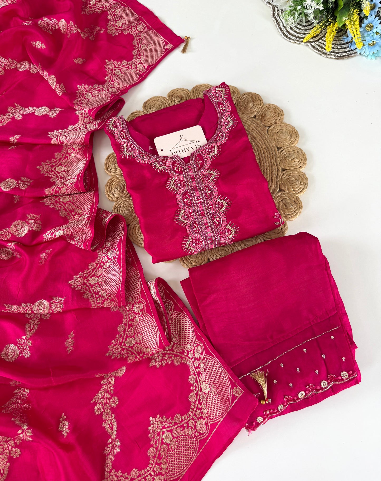 K640 - Dola silk Handwork straight Kurti with pants and dupatta