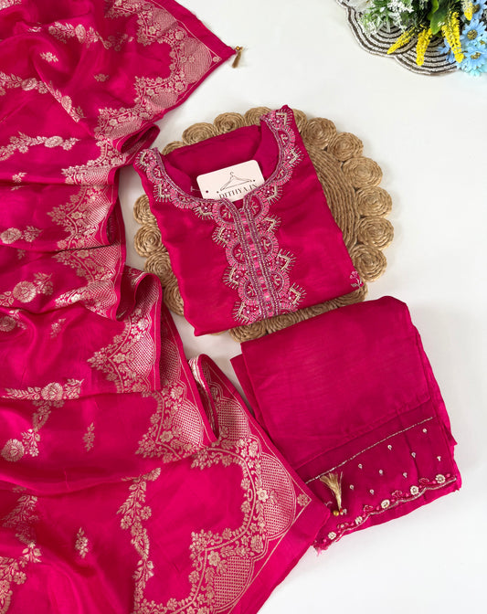 K640 - Dola silk Handwork straight Kurti with pants and dupatta