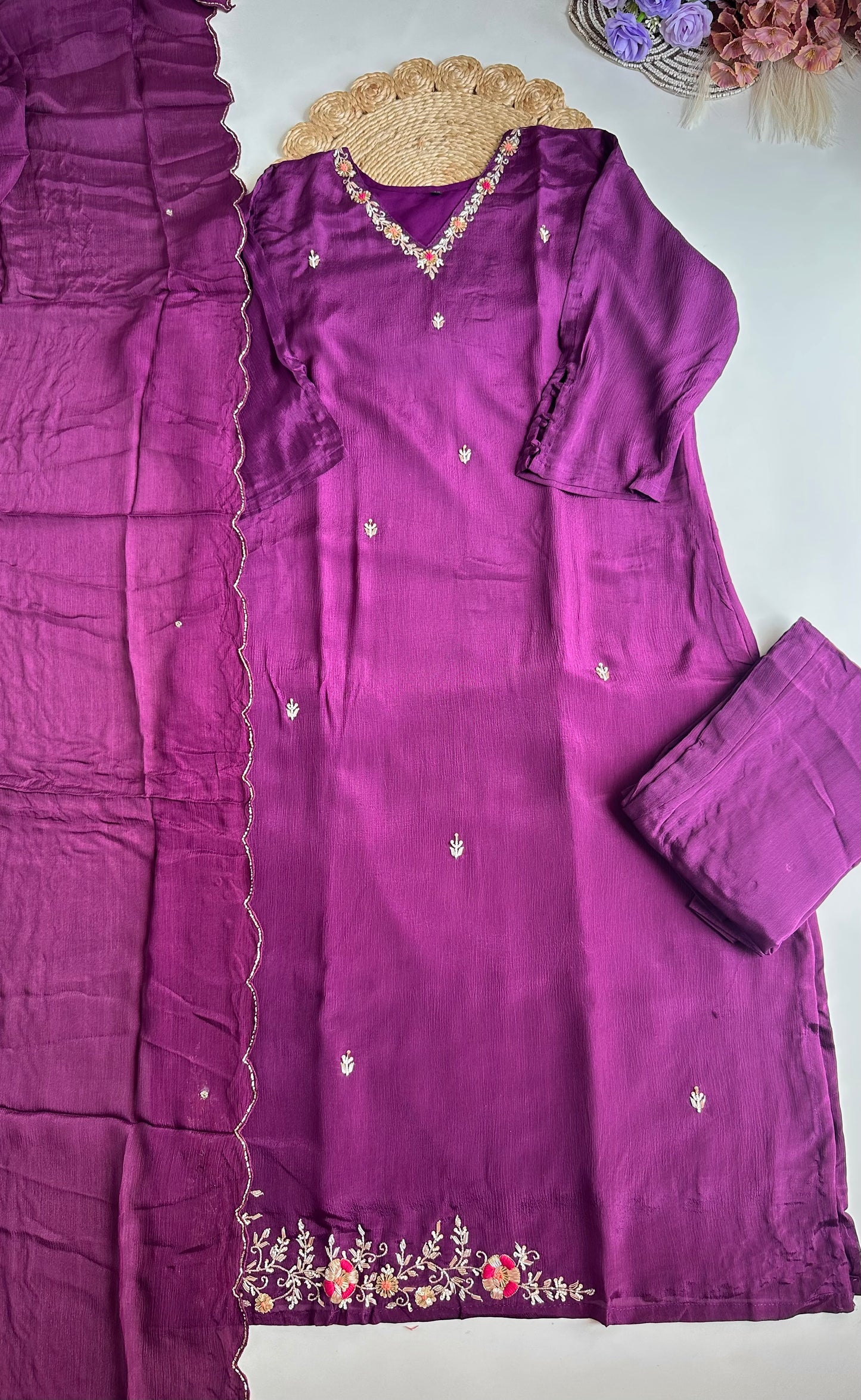 D261 - Chinnon silk straight kurti with pants and dupatta