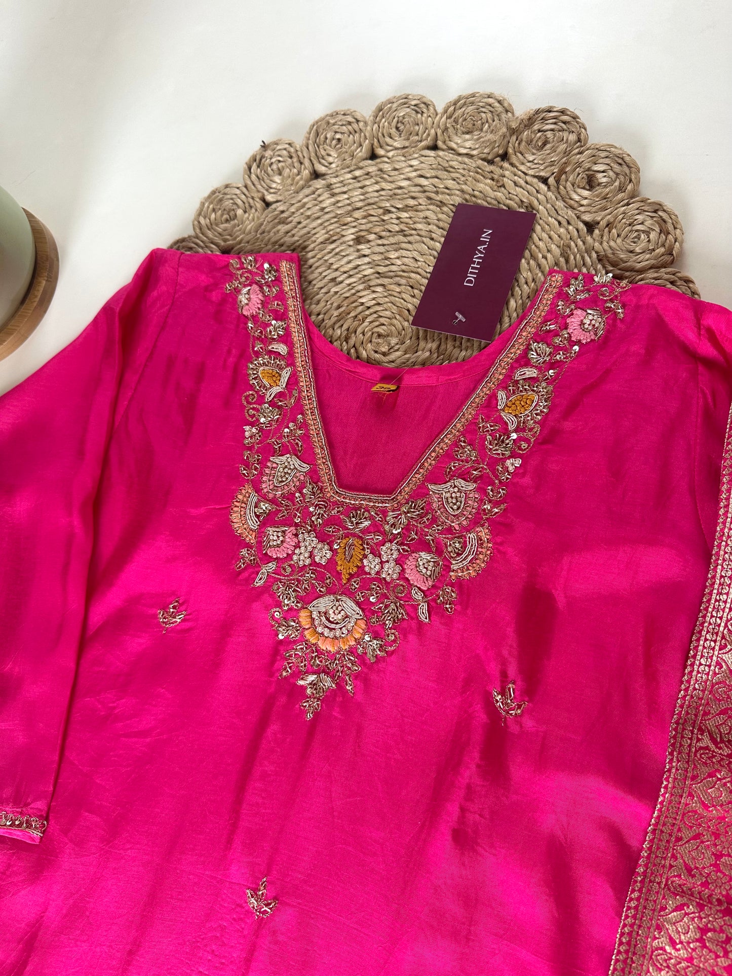 K124 - Russian silk Handwork straight kurti with pants and dupatta.