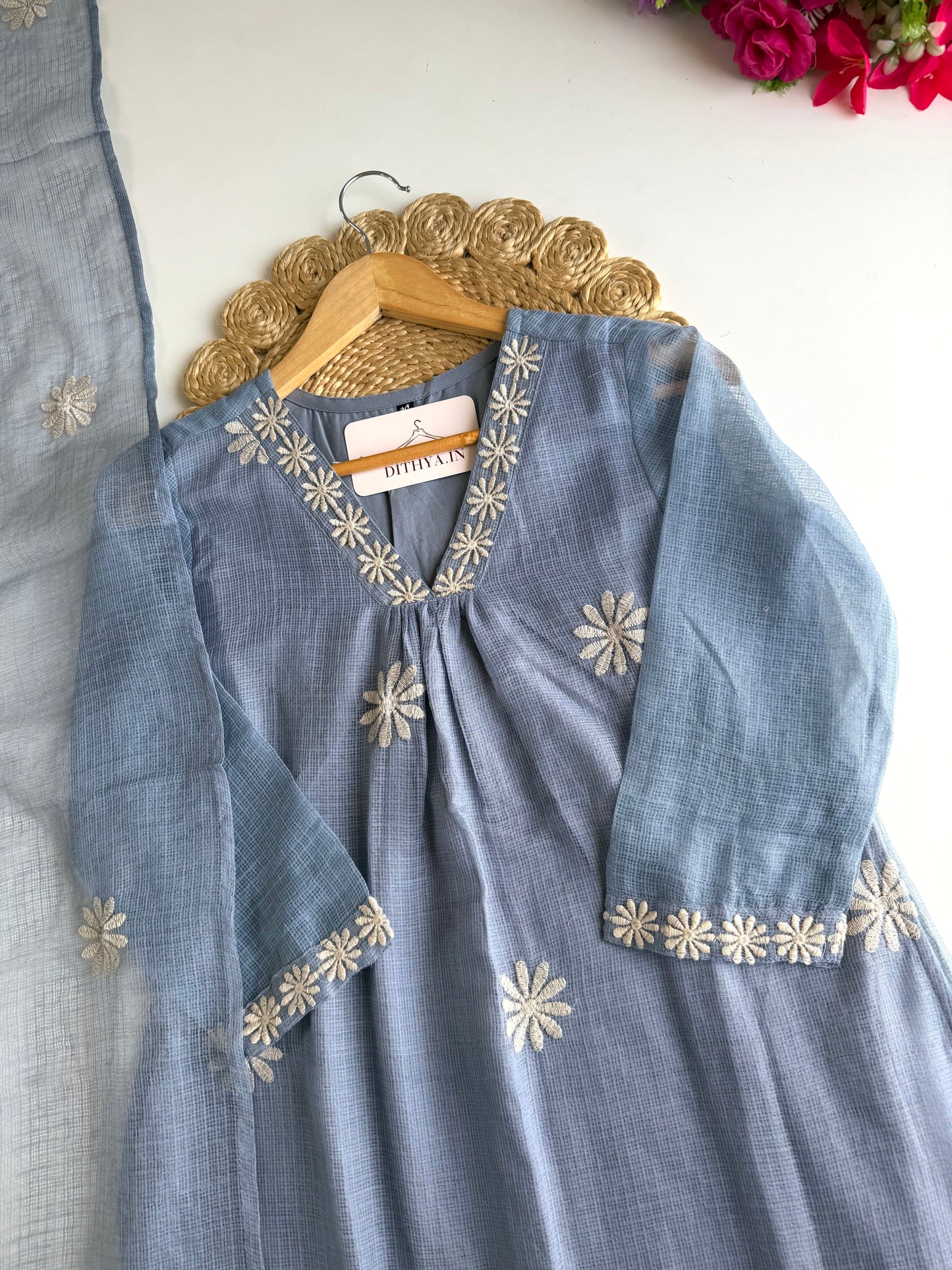K713 - Kota doriya embroidered Aline Kurti with pants and dupatta