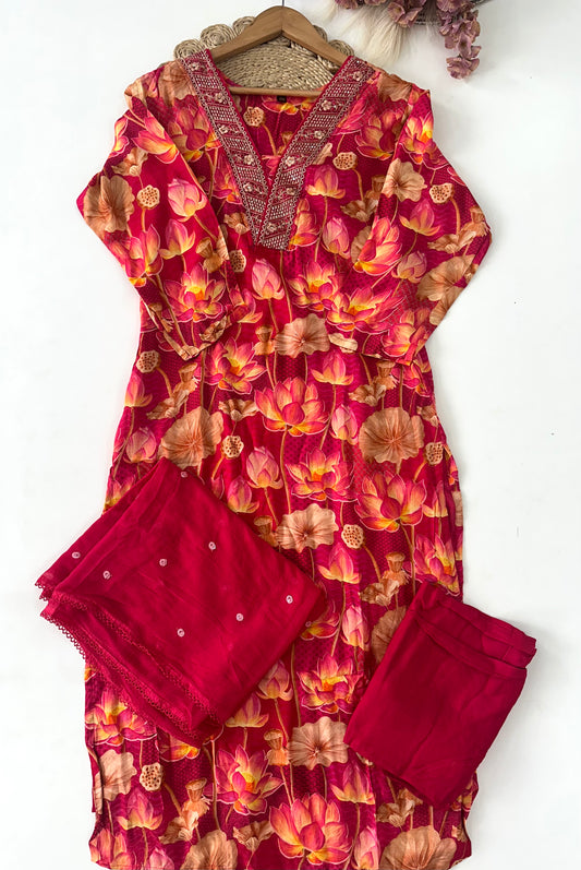 D227 - Muslin silk straight kurti with pants and dupatta