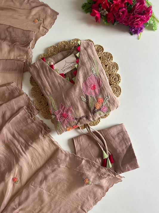 K701 - Mul chanderi embroidered Aline Kurti with pants and dupatta