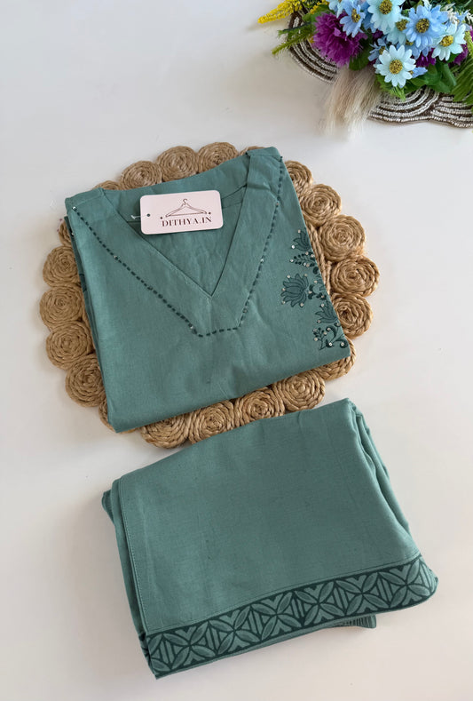 K597 - Cotton embroidered straight Kurti with pants and dupatta