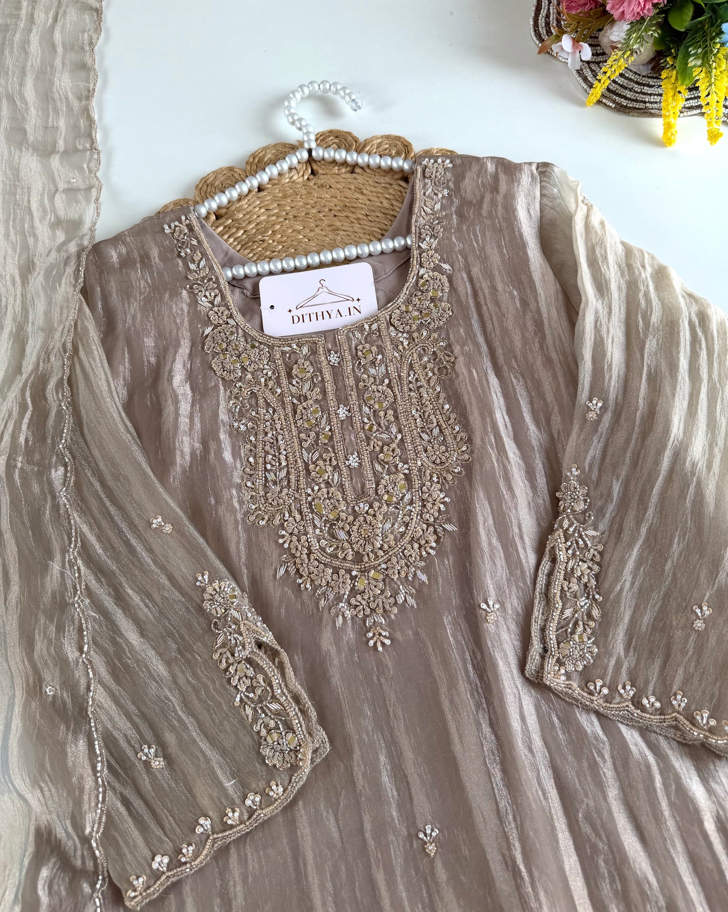 K600 - Glass tissue silk handwork aline Kurti with pants and dupatta