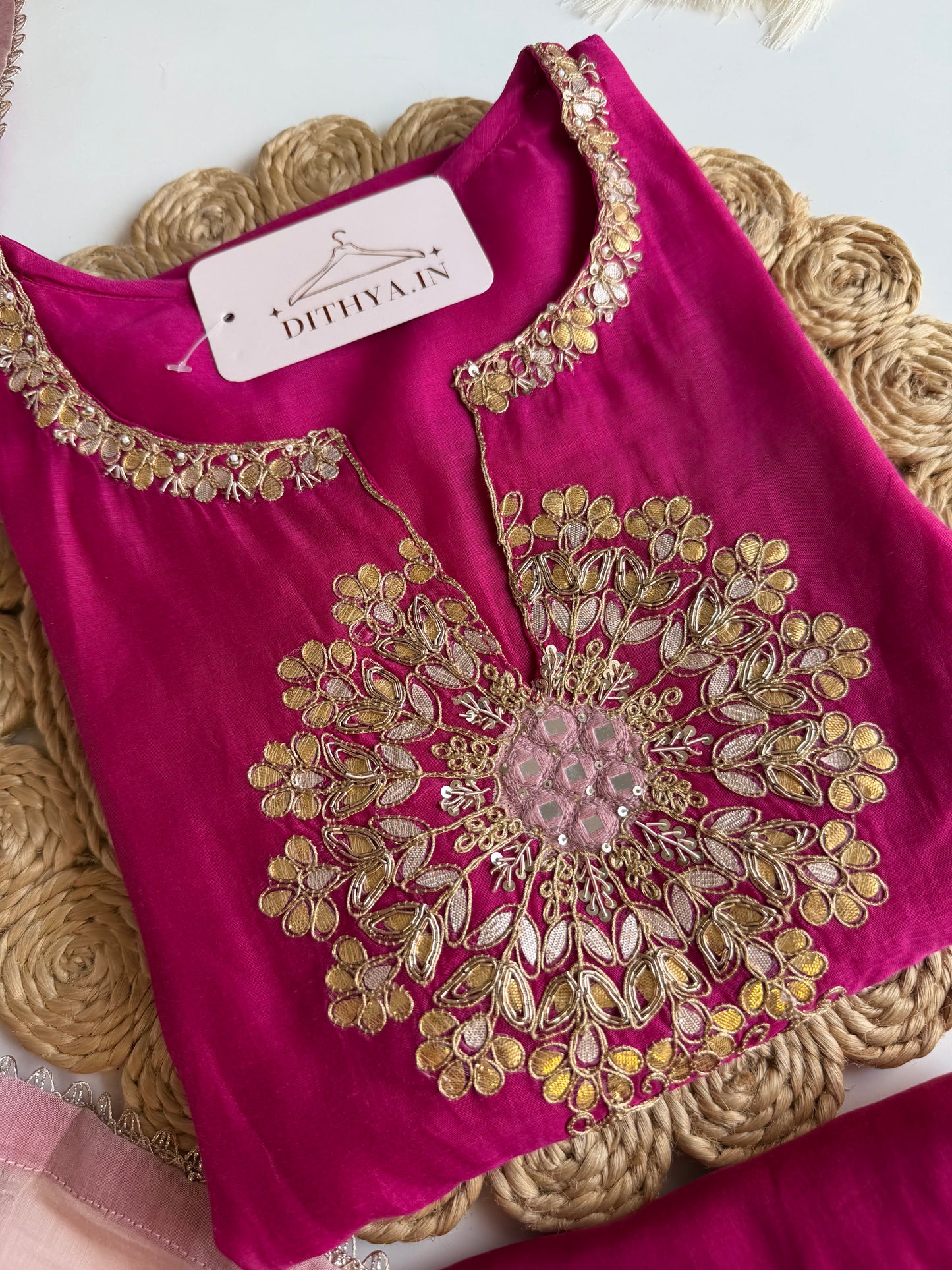 K584 - Mul chanderi gota work straight Kurti with pants and dupatta