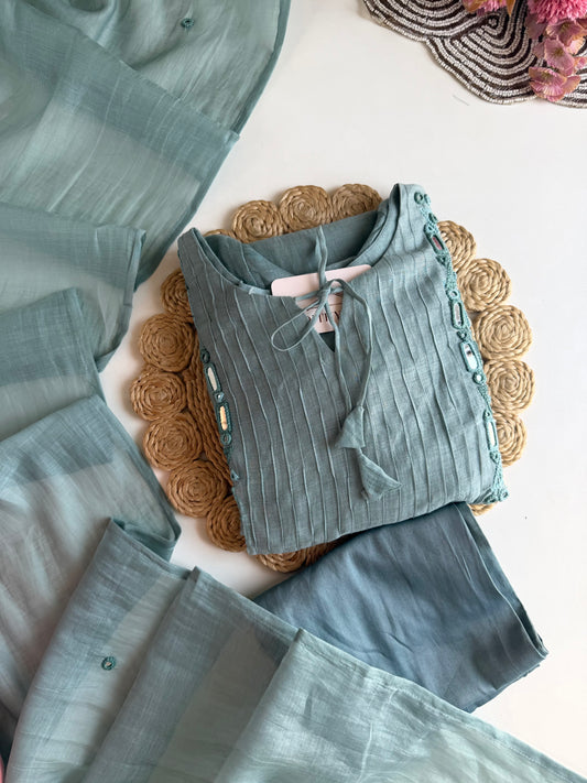 K350 - Mul chanderi mirror embroidered Aline Kurti with pants and dupatta