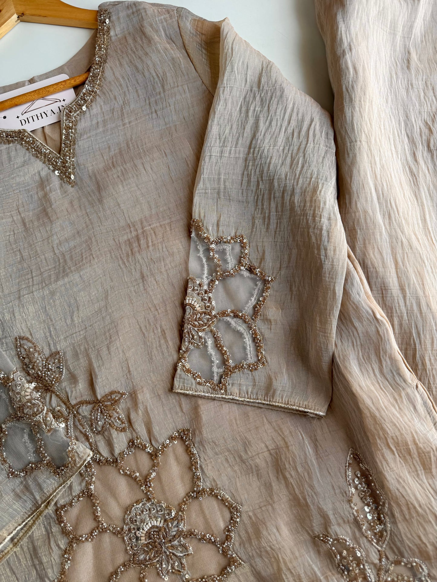 K344 - Tissue silk handwork short Kurti with divider pants and dupatta