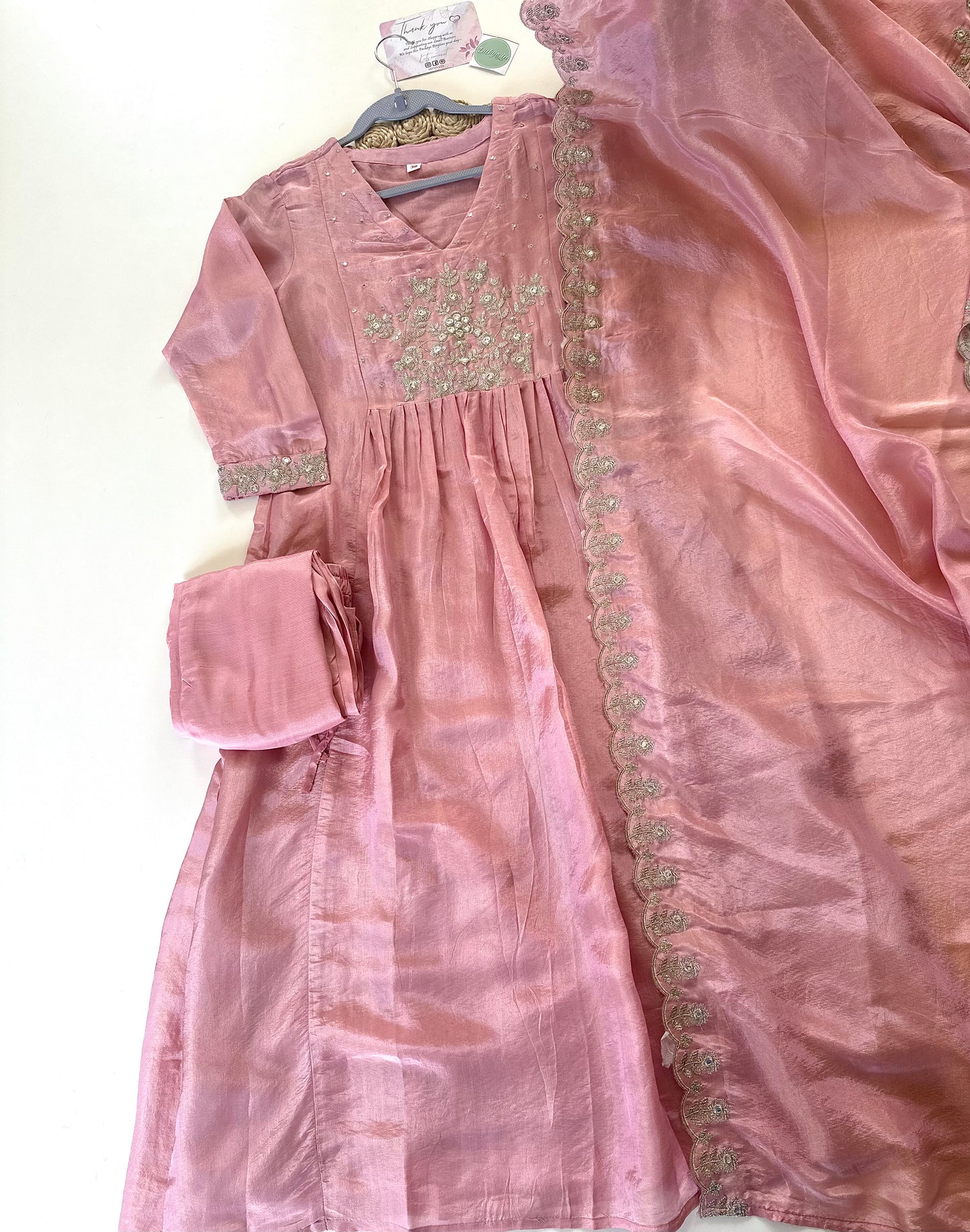 K074 - Tissue silk Aline Anarkali with pants and dupatta.