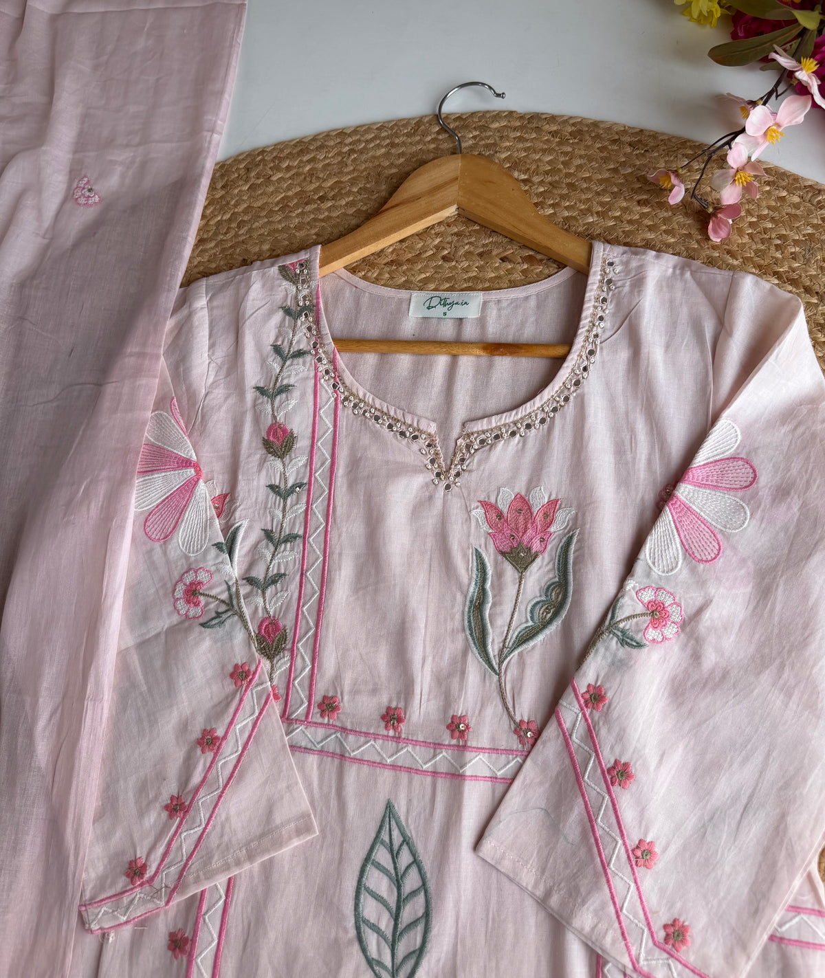 K296 - Mul cotton floral embroidered straight Kurti with pants and dupatta
