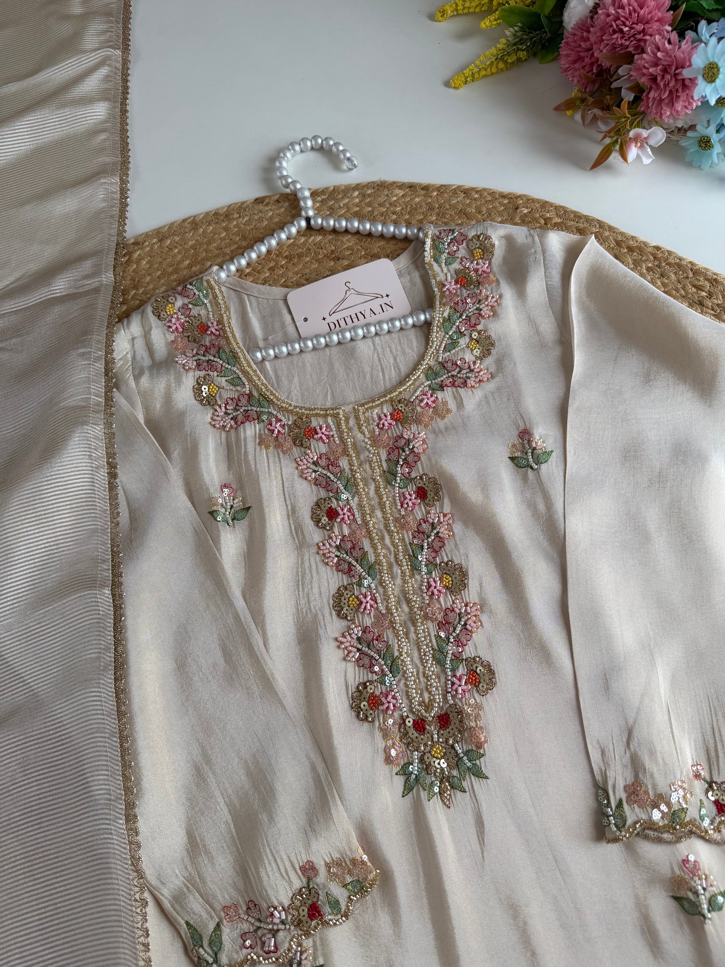 K681 - Tissue silk handwork straight Kurti with pants and dupatta