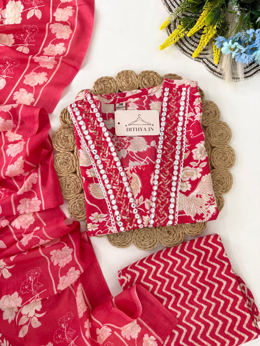 K444 - Cotton embroidered straight Kurti with pants and dupatta