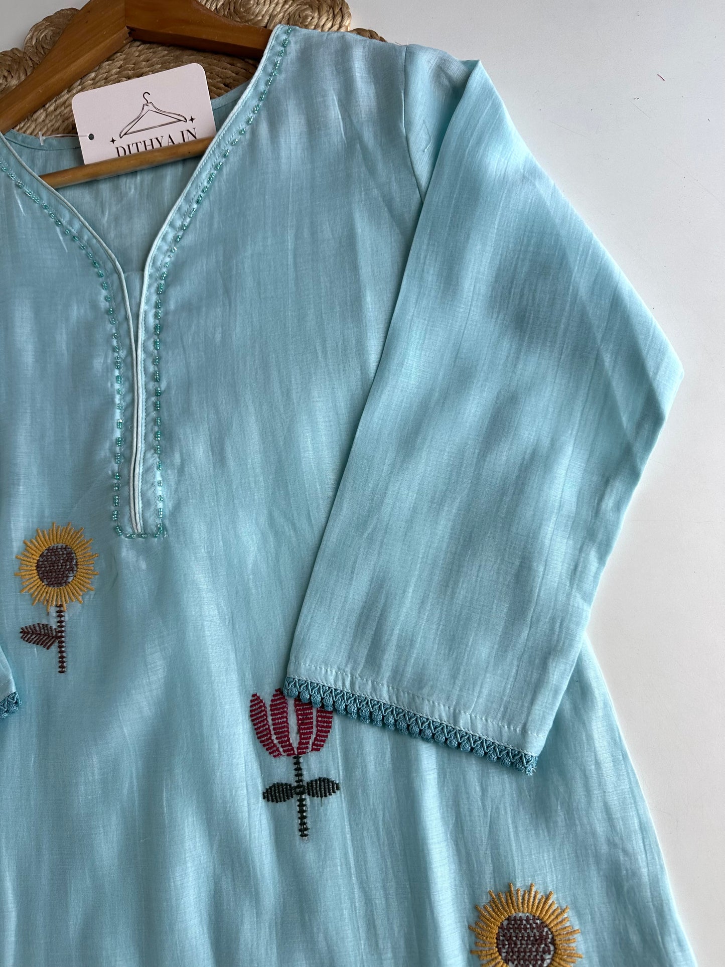 K473 - Muslin cotton embroidered straight Kurti with pants and dupatta