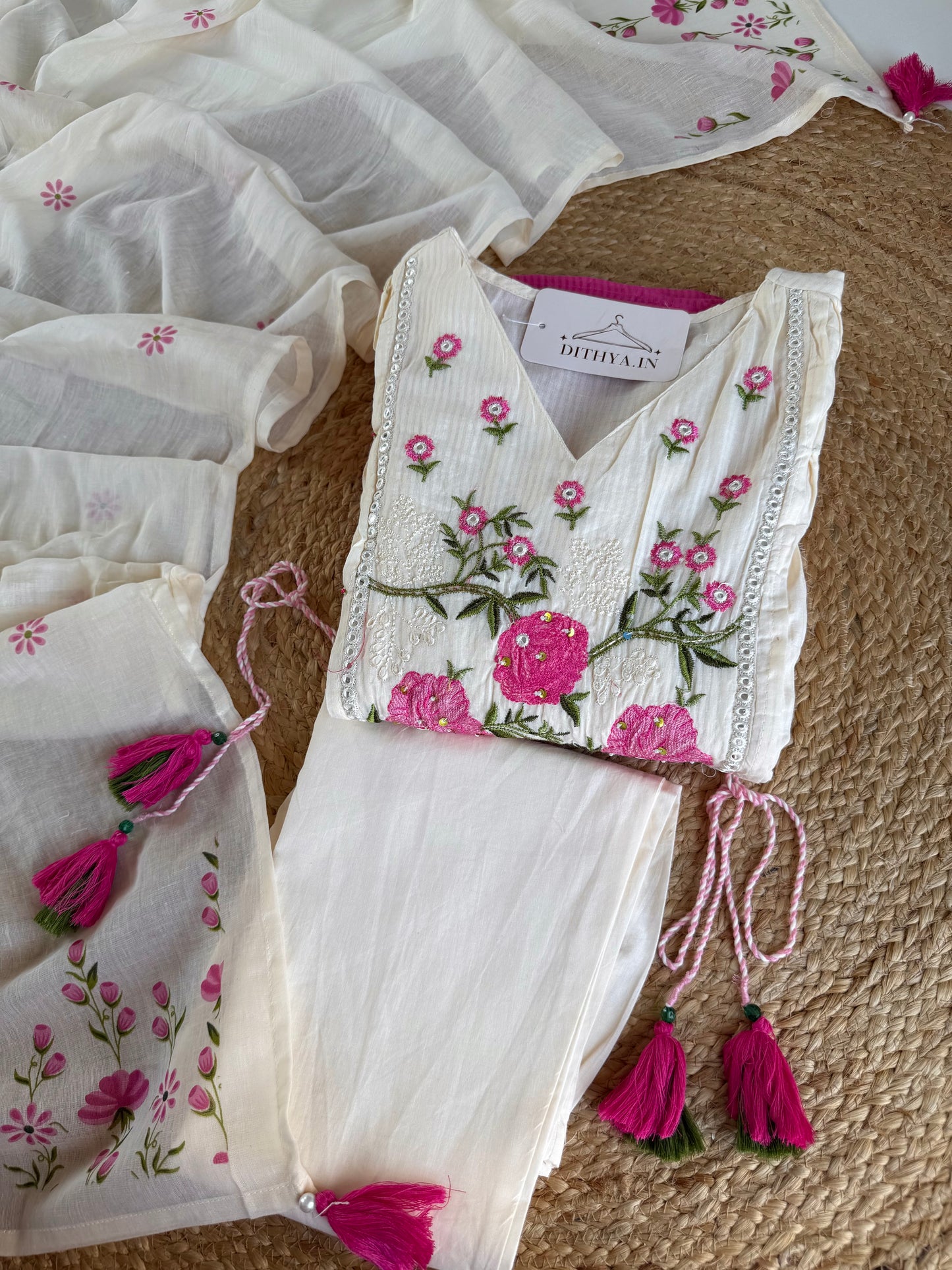 K659 - Mulmul cotton embroidered Anarkali with pants and dupatta