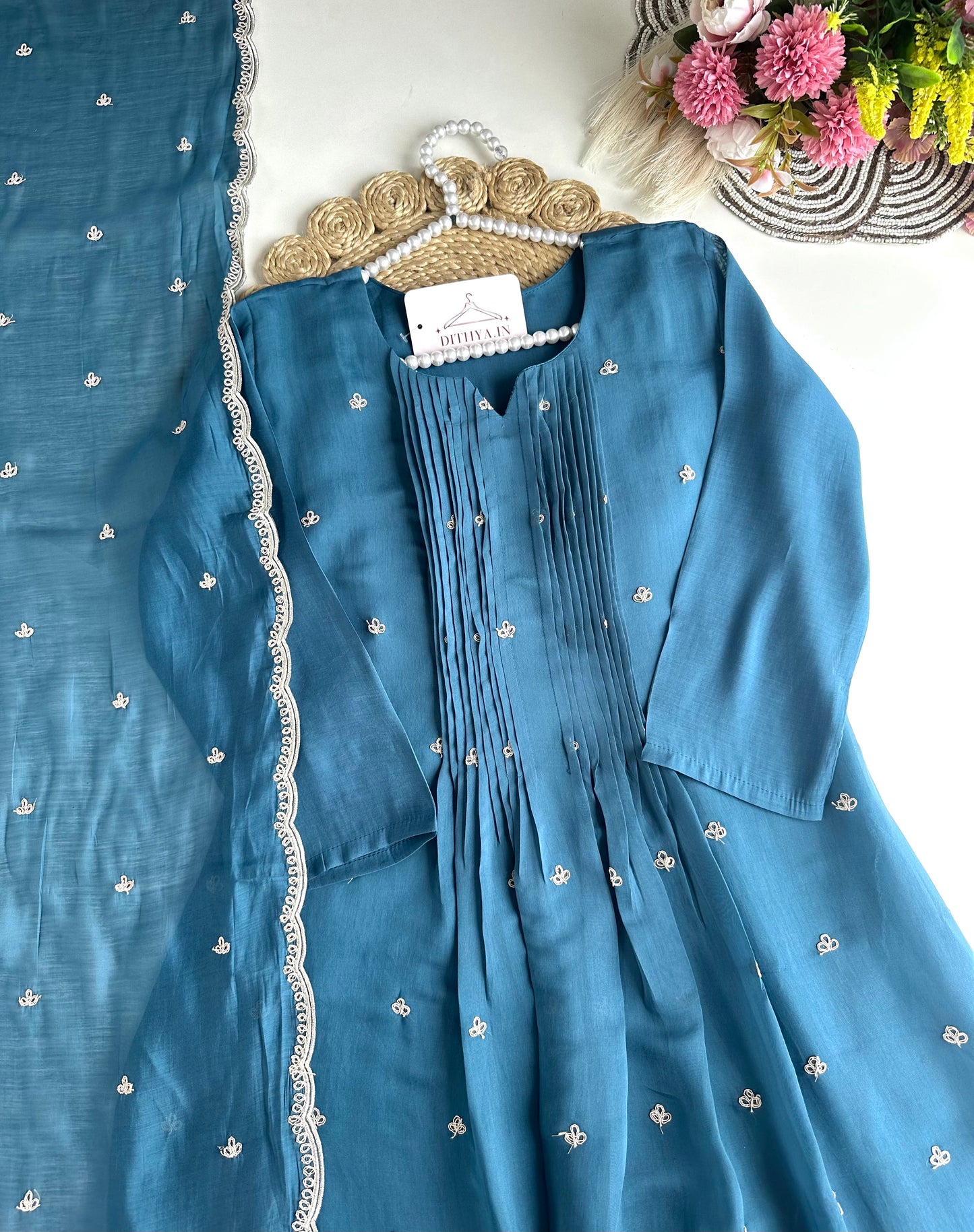 K487 - Mul Chanderi handwork Anarkali with pants and dupatta