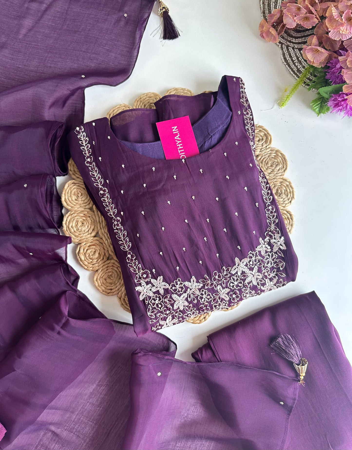 K007 - Mul Chanderi handwork Aline Kurti with pants and dupatta in 2 colours