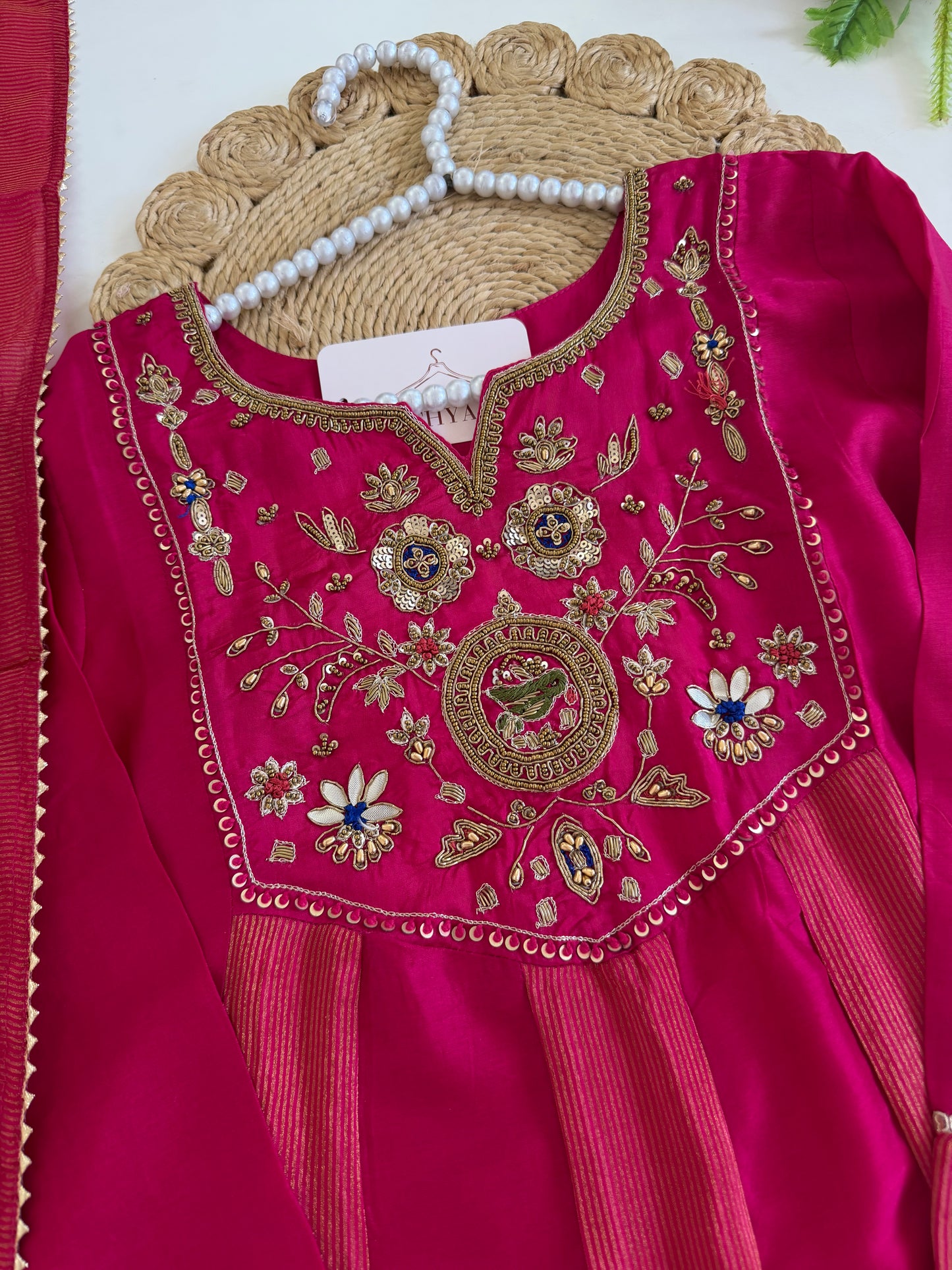 K598 - Mul chanderi & Tissue silk handwork Anarkali with pants and dupatta