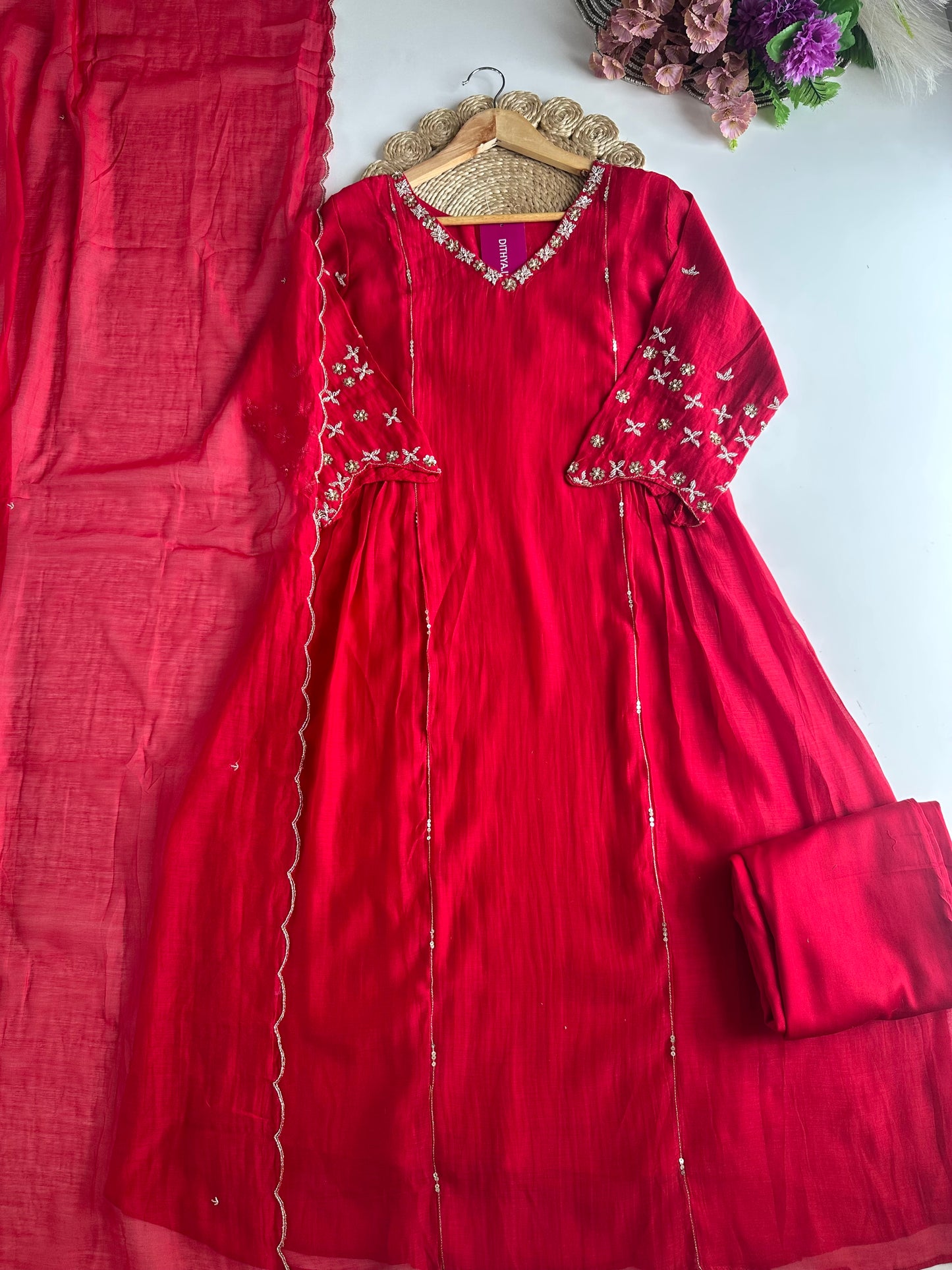 K309 - Mul Chanderi handwork Anarkali with pants and dupatta in 3 colours
