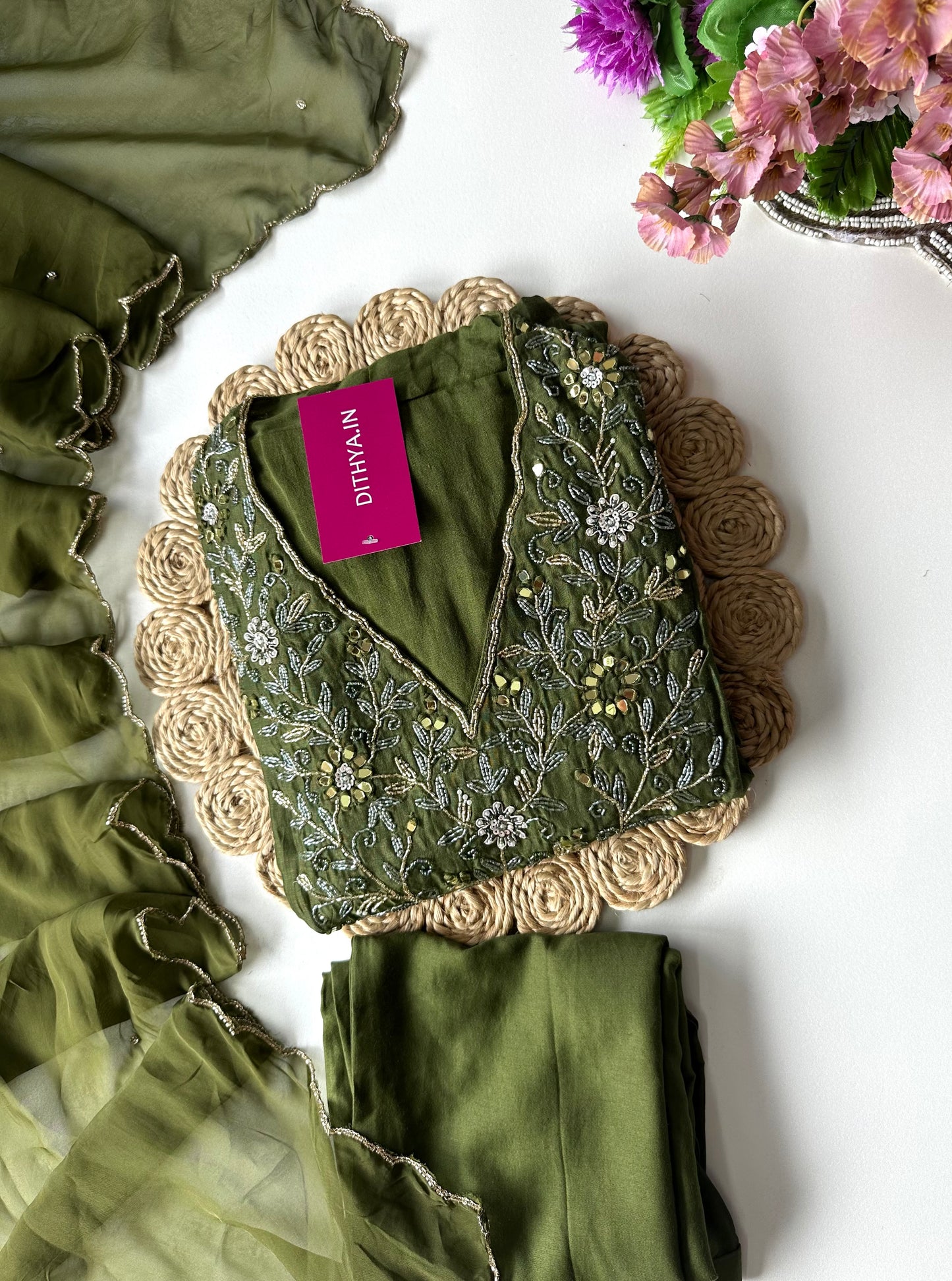 K392 - Mul Chanderi handwork Anarkali with pants and dupatta