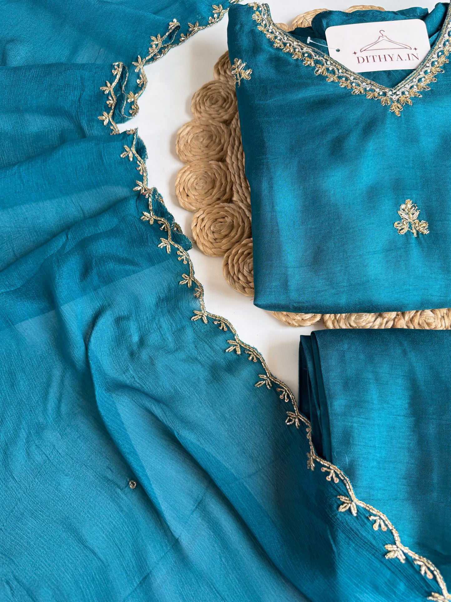 K126 - Russian silk handwork Aline Kurti with pants and dupatta in 2 colours