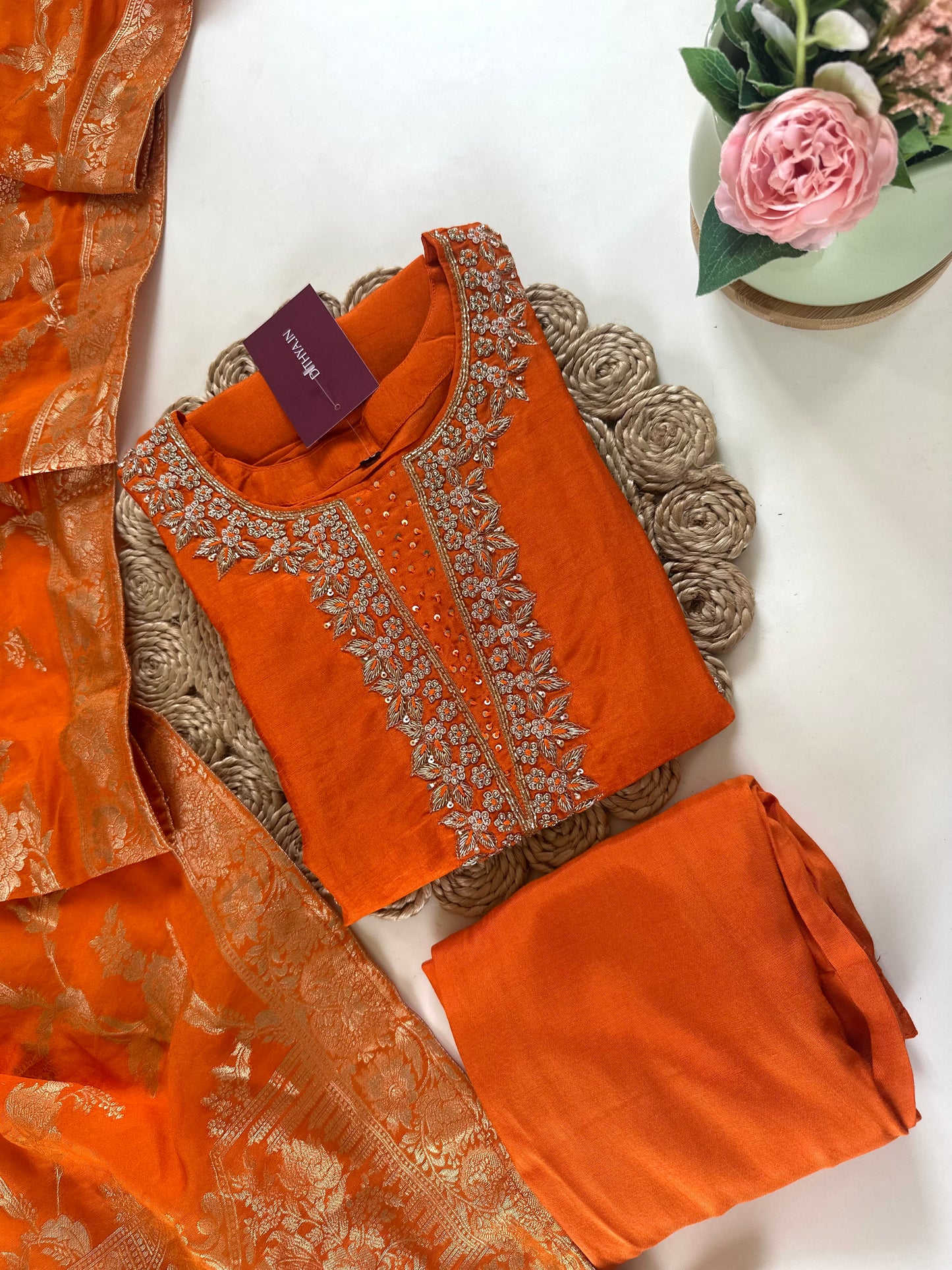 K265 - Russian silk handwork Straight kurti with straight pants and Banarasi silk dupatta .