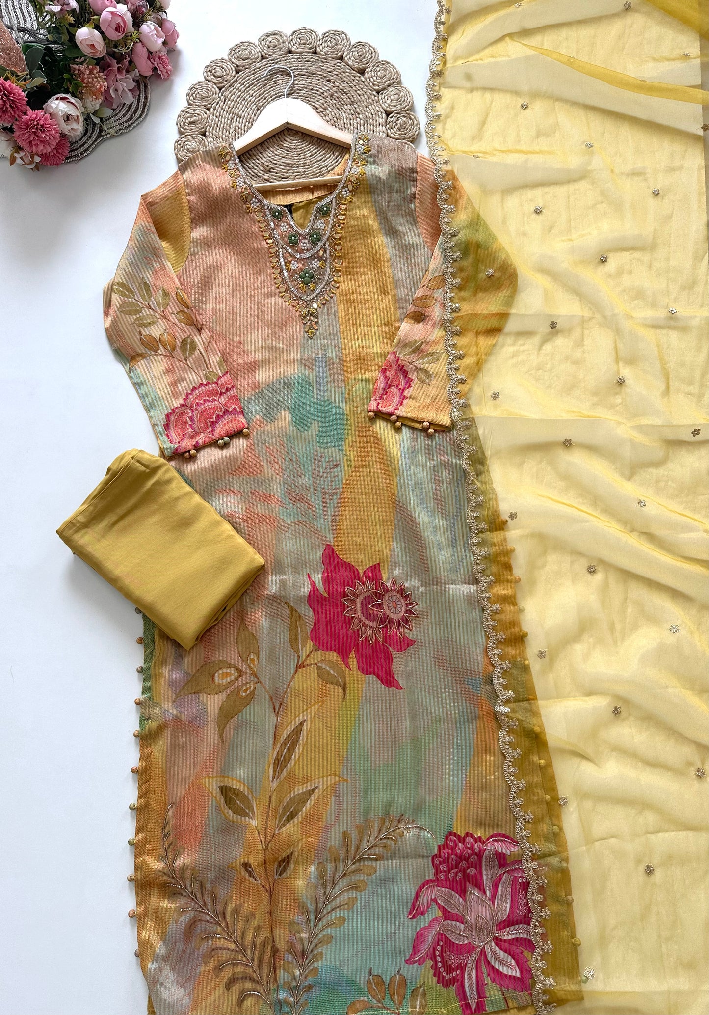 K337 - Tissue silk handwork Floral straight kurti with pants and organza dupatta .