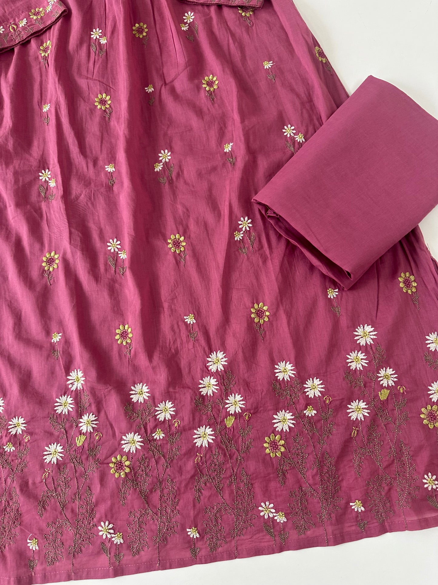 K395 - Mul cotton embroidered Aline Kurti with pants and dupatta in 3 colours