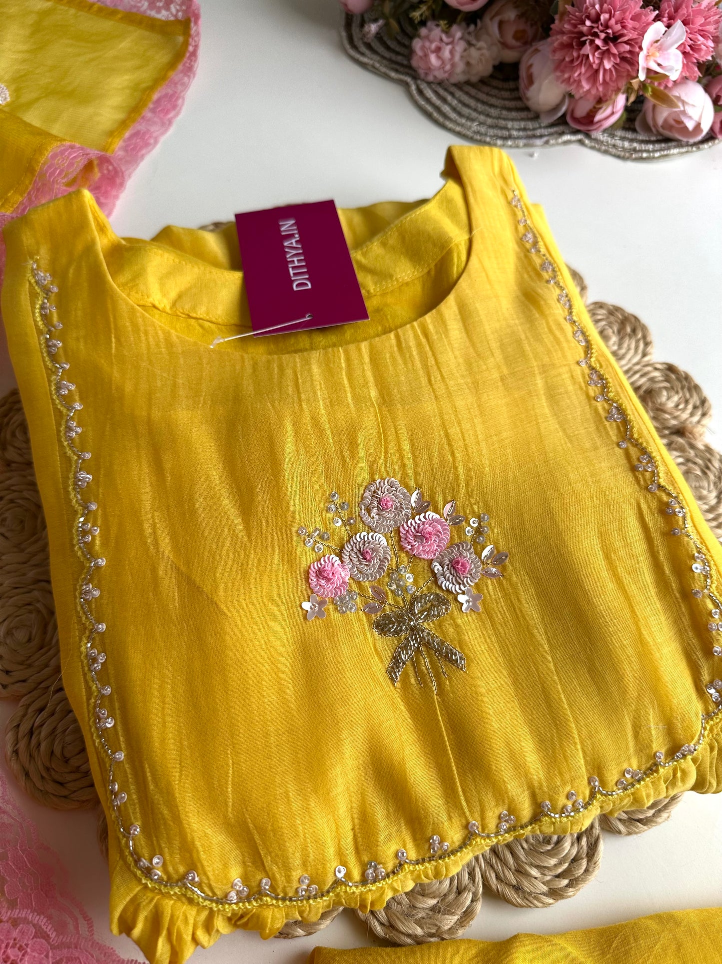 K348 - Mul Chanderi Handwork Anarkali with pants and doriya dupatta