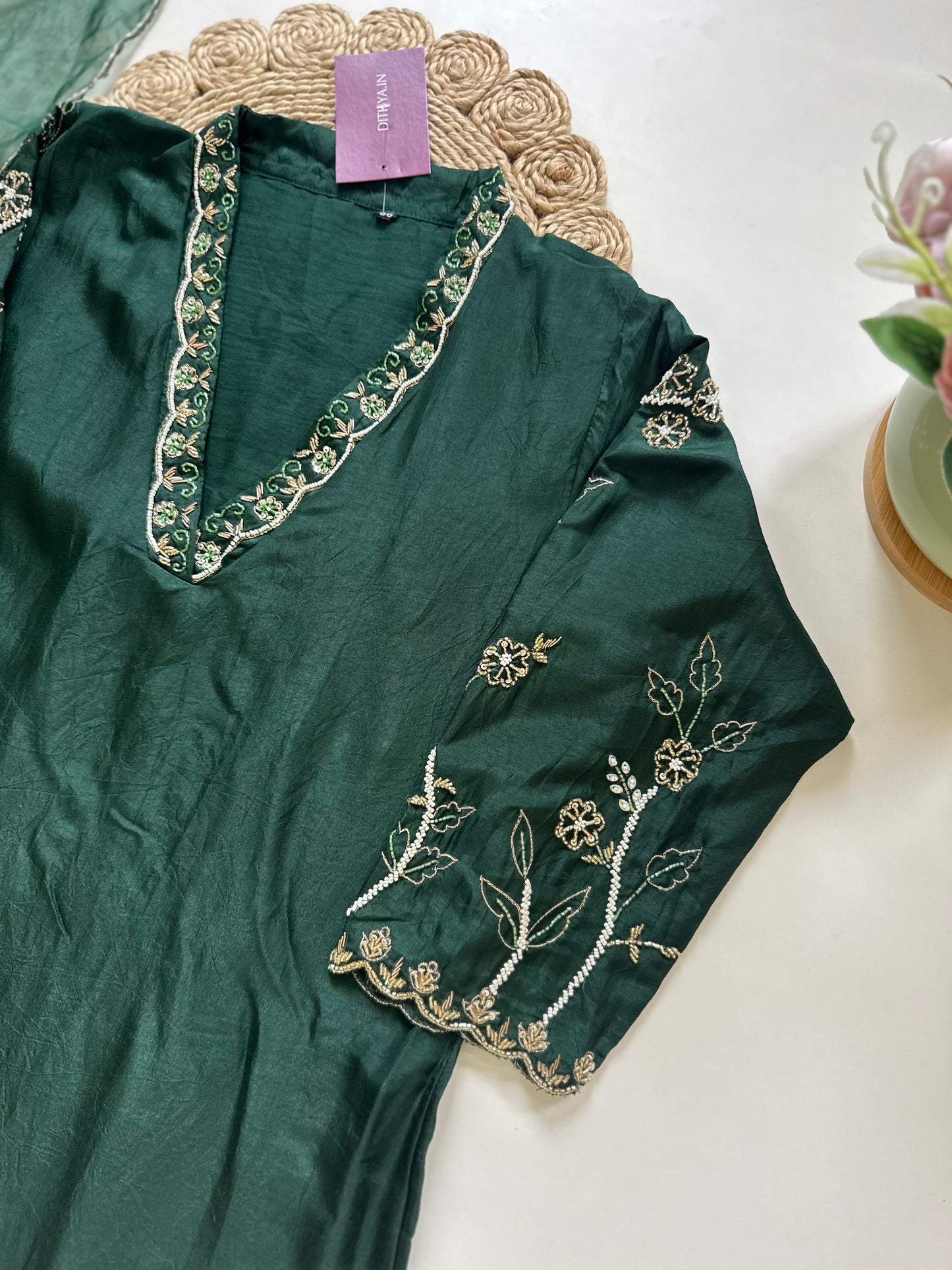 K233 - Dola Silk collar neck straight kurti with straight pants and dupatta.