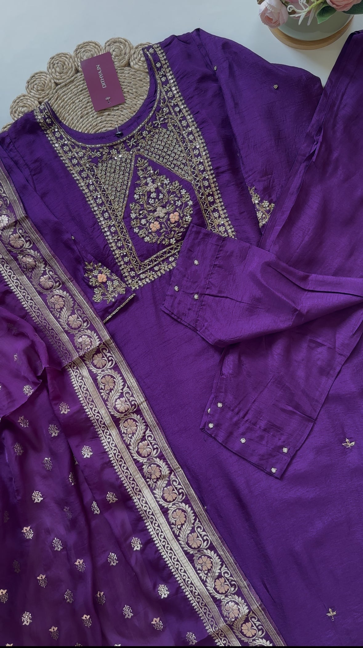 K271 - Russian silk Zardosi work straight kurti with pants and Banarasi silk dupatta .