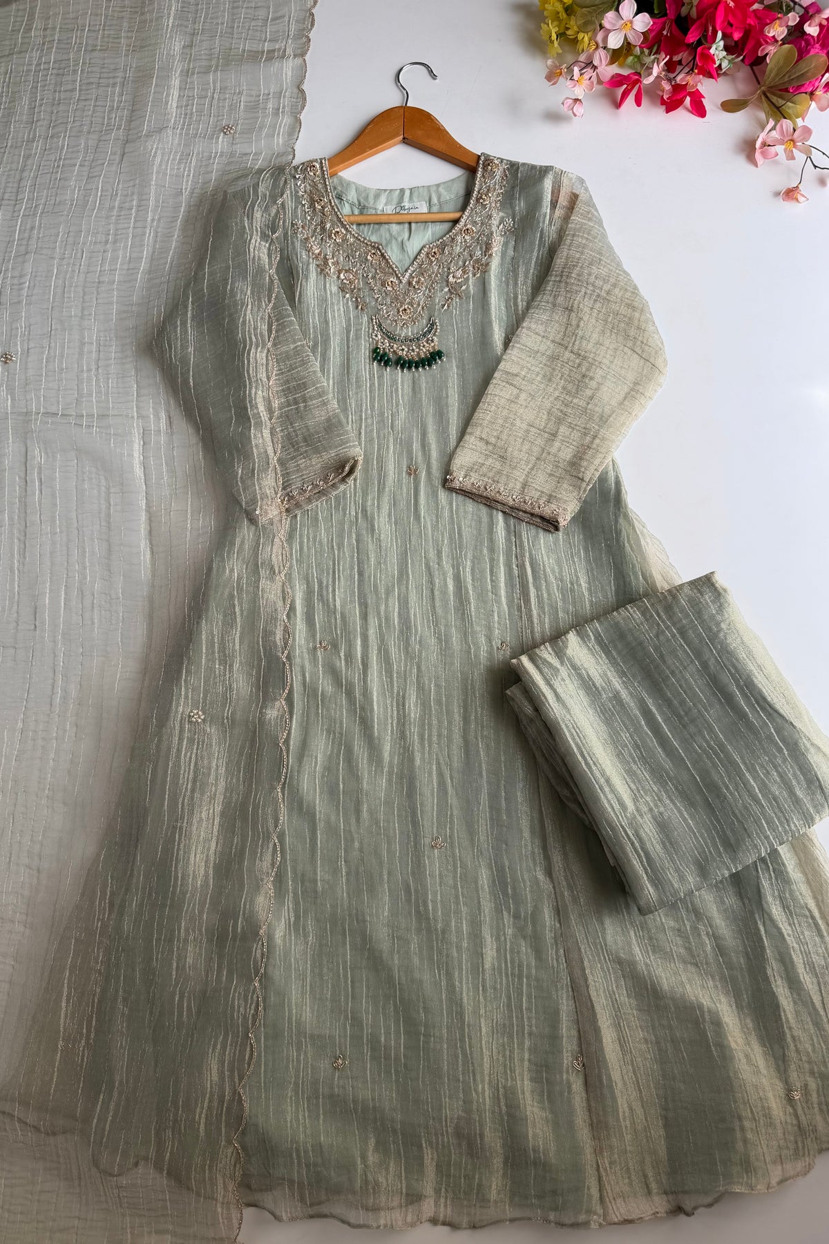 K247 - Crush tissue silk handwork aline Kurti with pants and dupatta