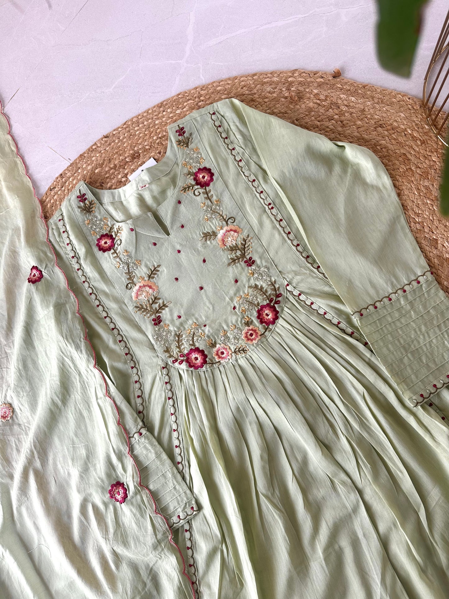 K229 - Mulmul cotton Embroidered Anarkali with pants and dupatta in 2 colours