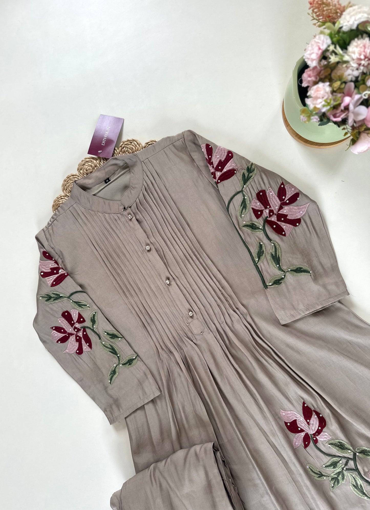 K246 - Muslin Pleated Patch work Aline Kurti with pants .