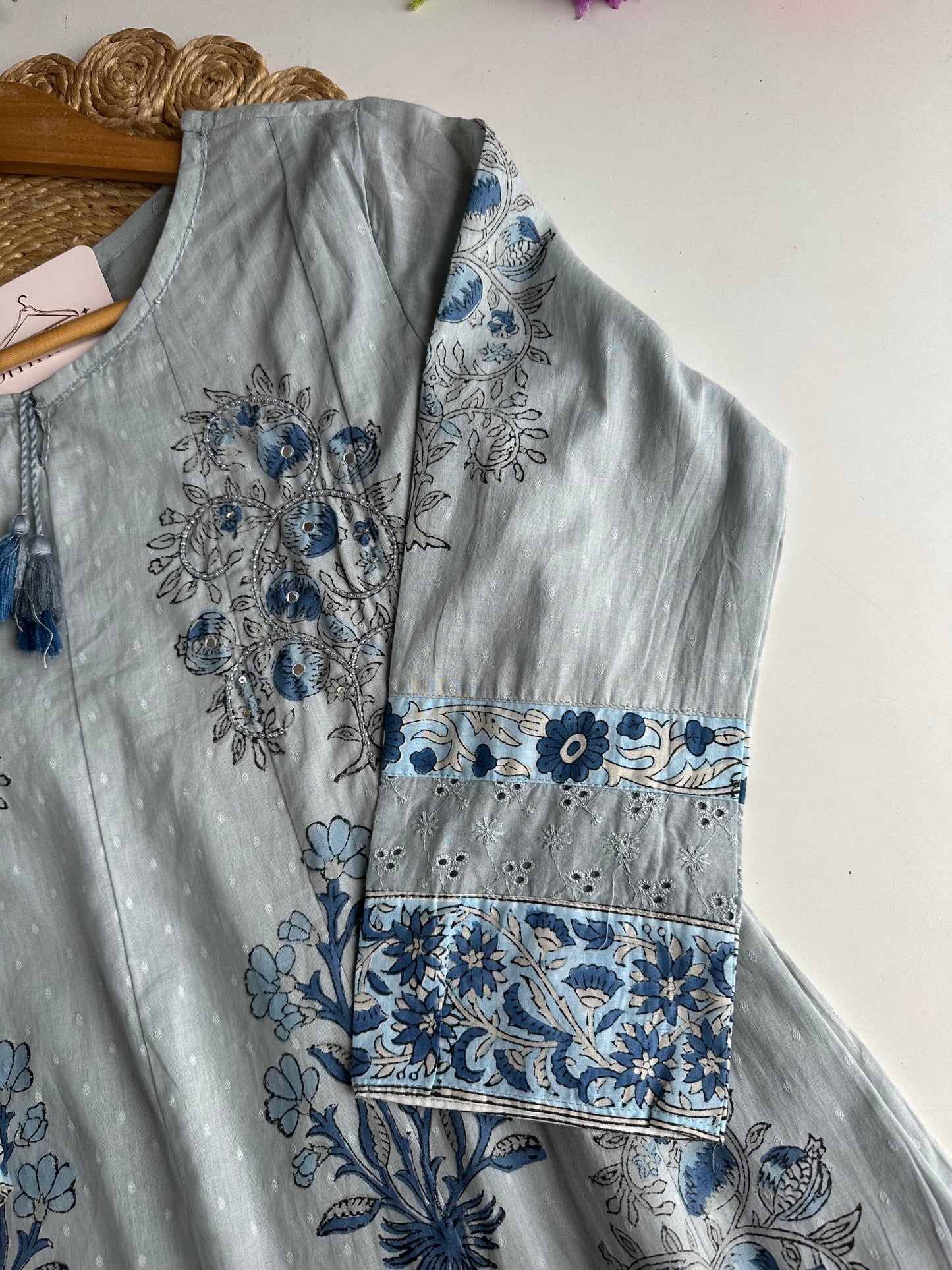 K213 - Mul cotton block print & embroidered Anarkali with pants and dupatta