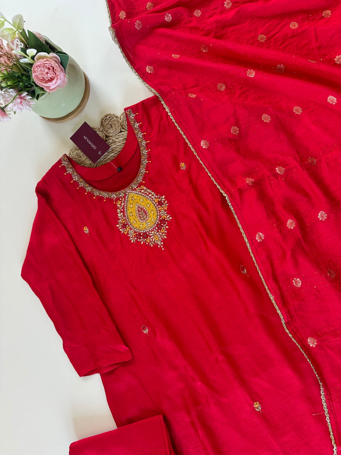 K177 - Dola silk handwork straight kurti with pants and dupatta in 2 colours .