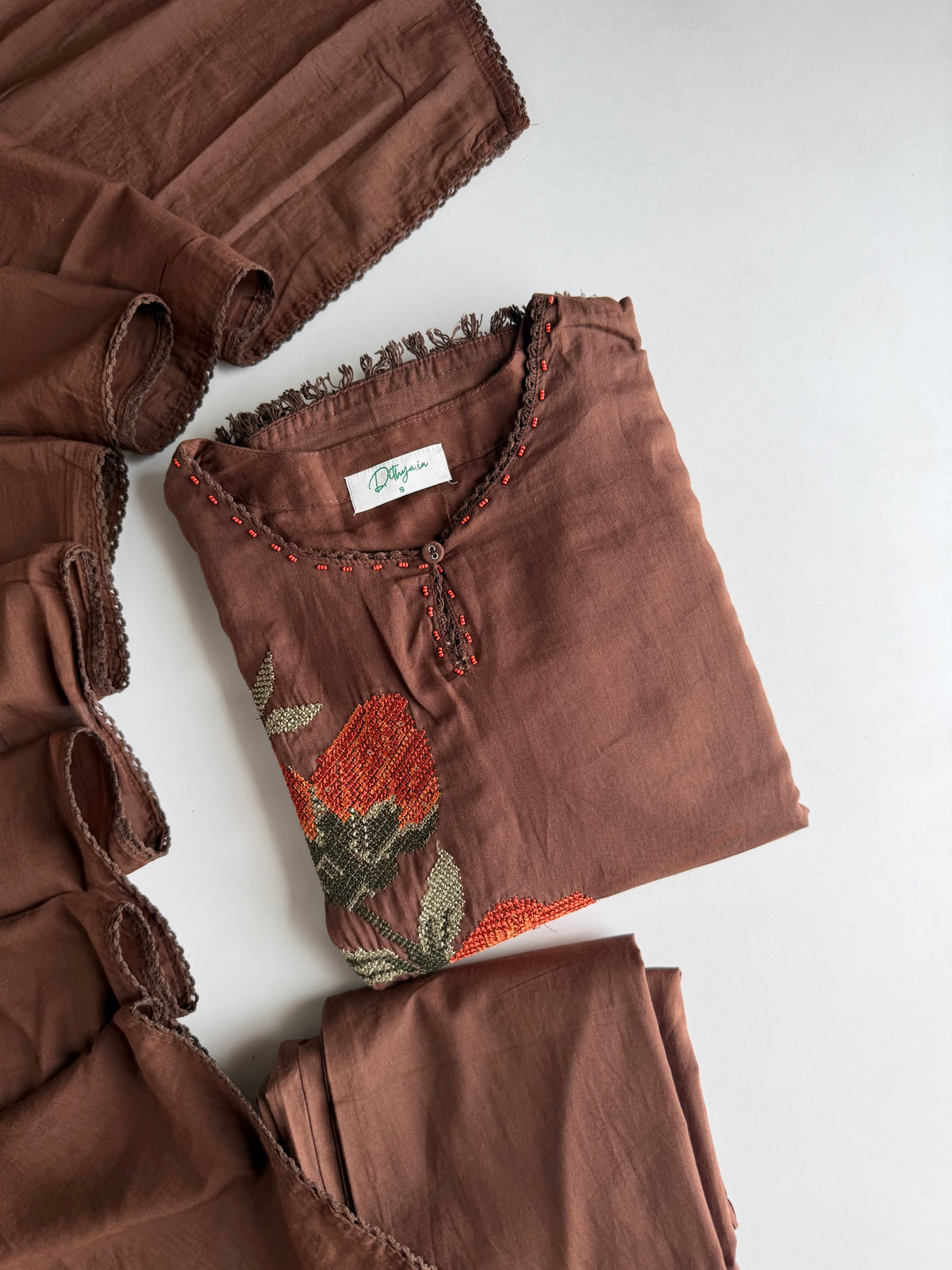 K296 - Mul cotton embroidered Aline Kurti with pants and dupatta