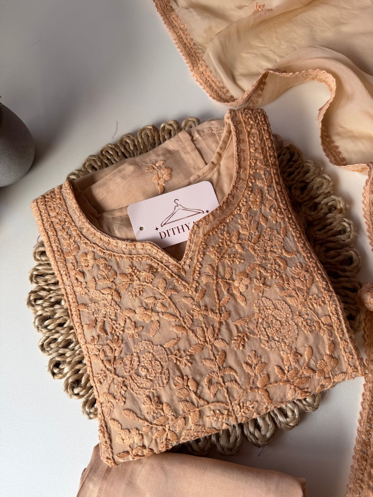 K587 - Viscose organza Chikankari straight Kurti with pants and dupatta