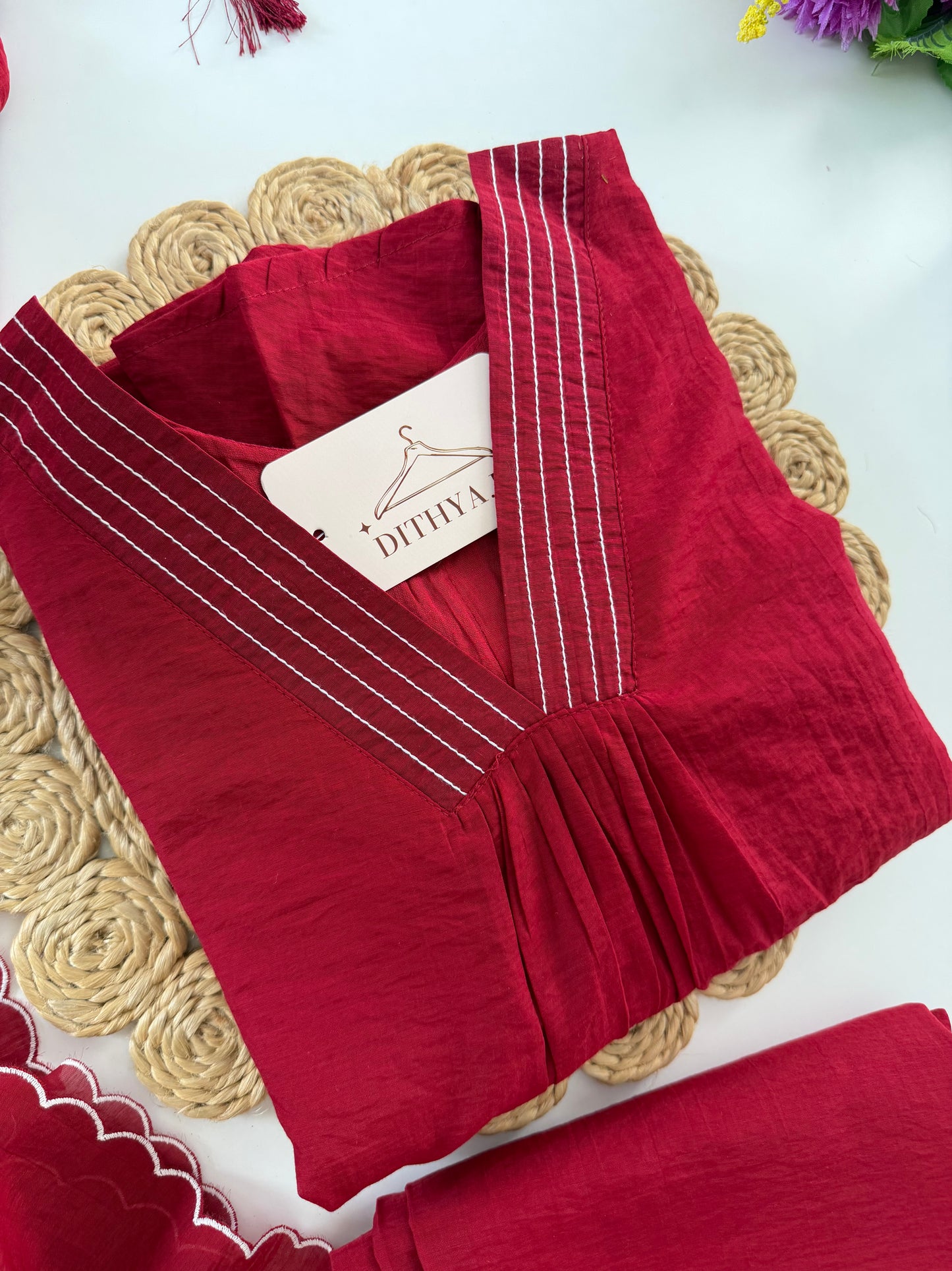 K532 - Muslin silk embroidered Aline Kurti with pants and dupatta in 2 colours