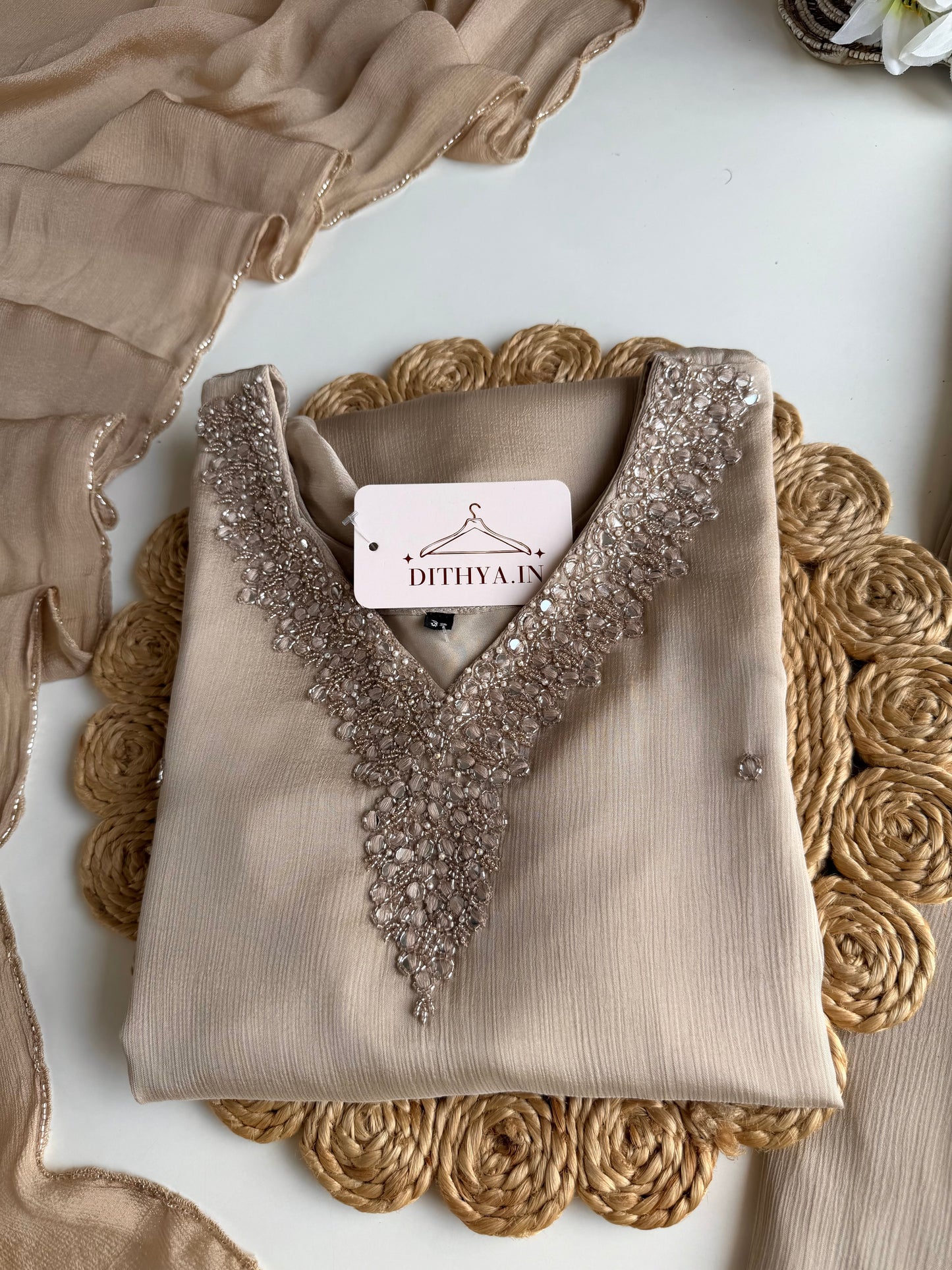 K508 - Chinnon mirror handwork short Kurti with divider pants and dupatta