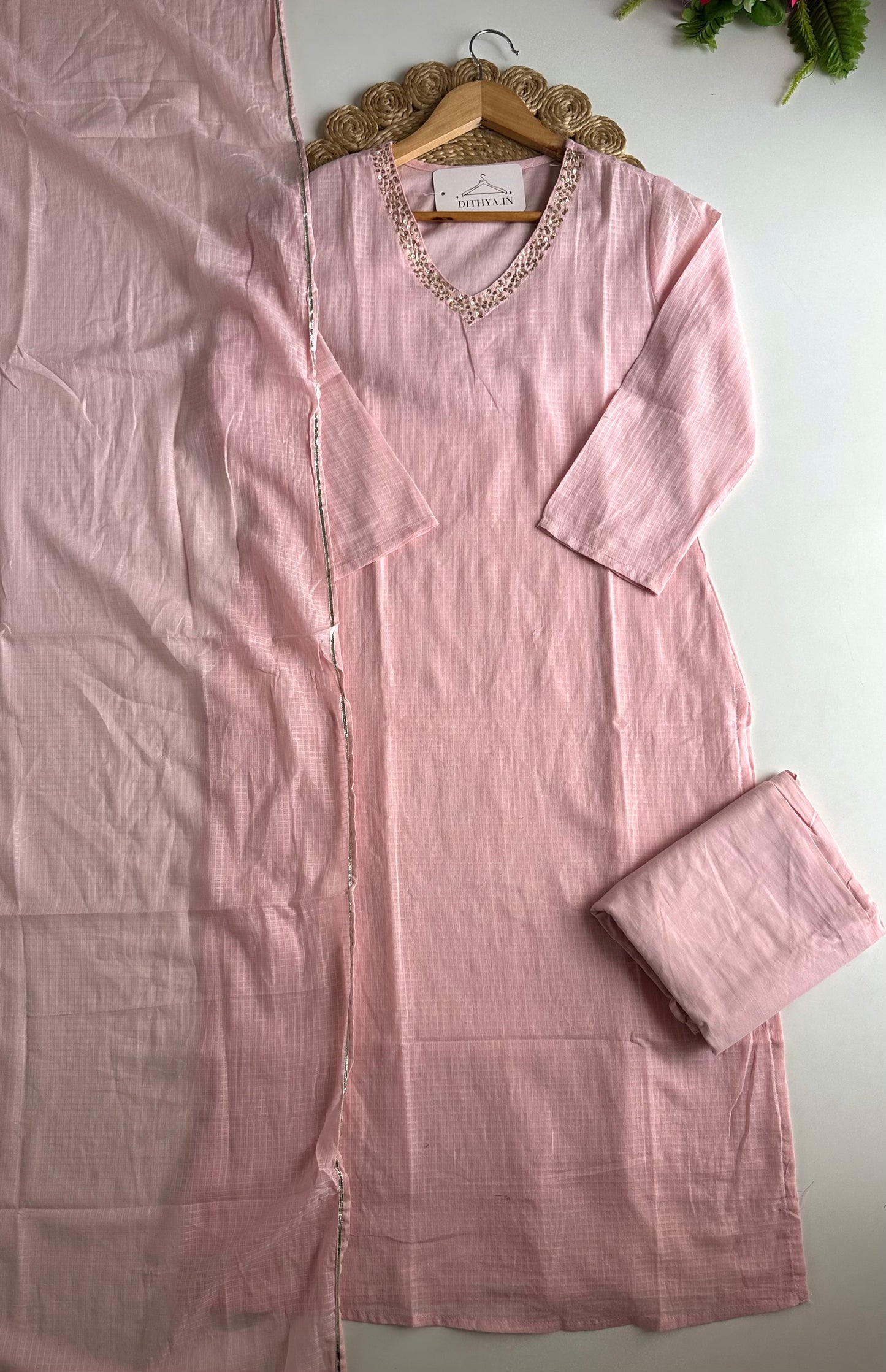 K697 - Kota doriya embroidered straight Kurti with pants and dupatta