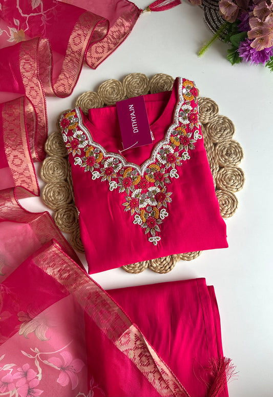 K274 - Roman silk handwork straight Kurti with pants and dupatta