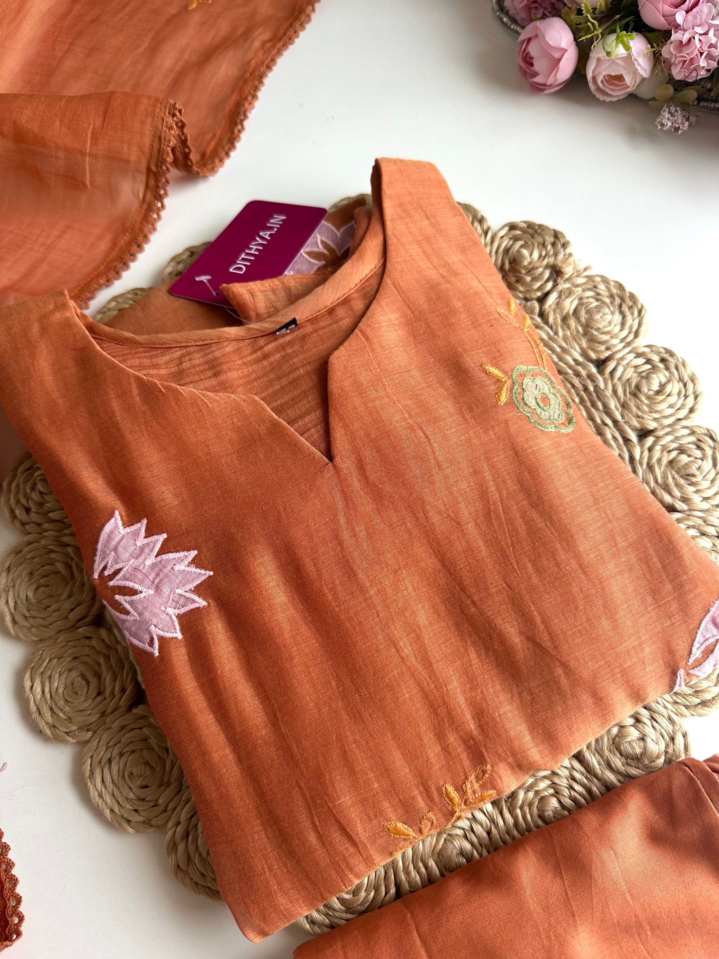 K425 - Mul Chanderi appliqué work Aline Kurti with pants and dupatta