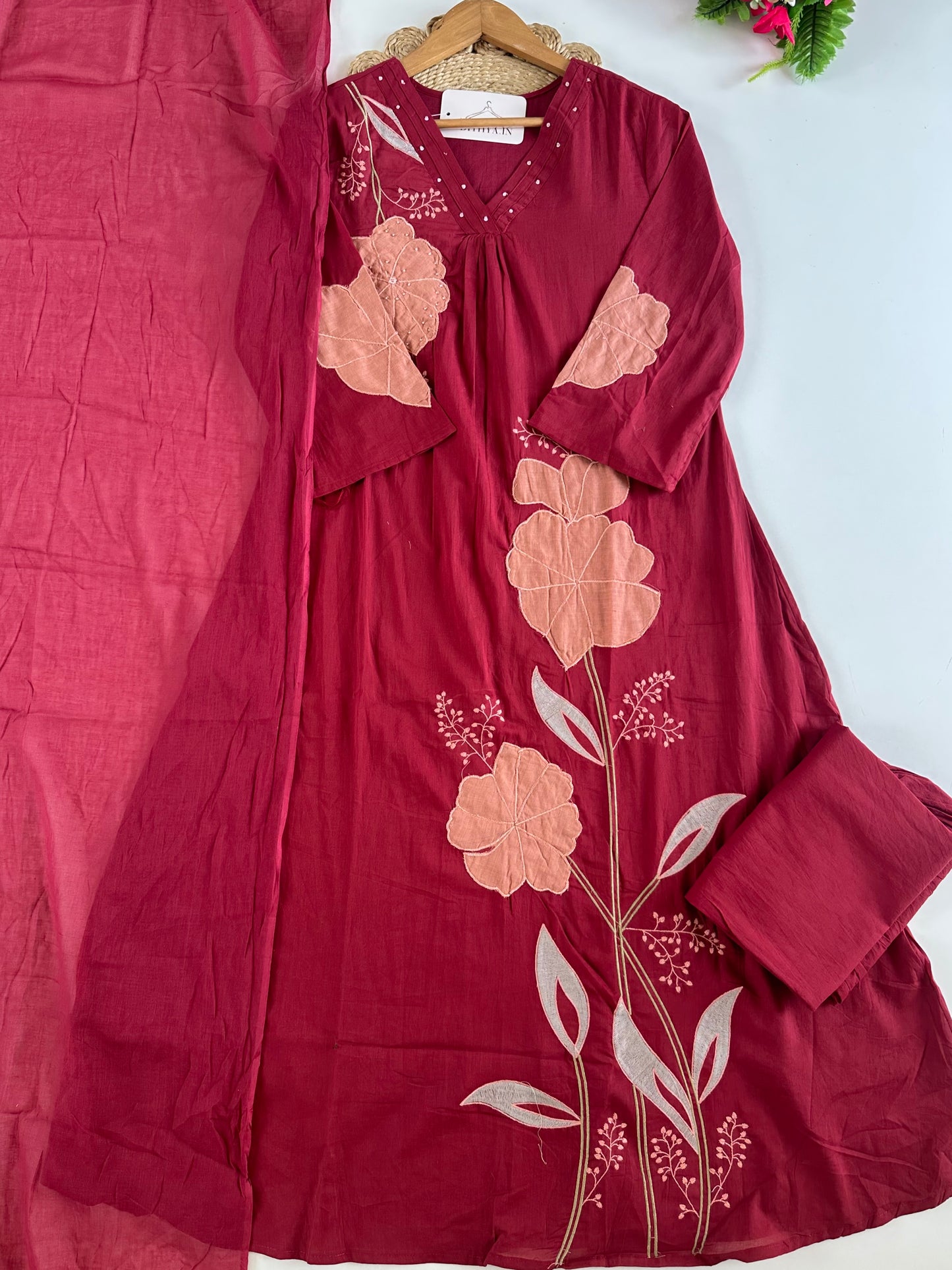 K243 - Mul cotton appliqué Aline Kurti with pants and dupatta