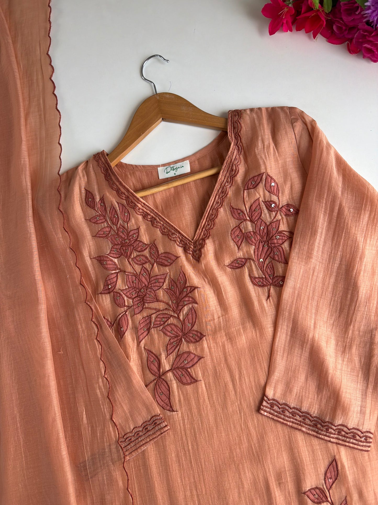 K567 - Mul chanderi embroidered straight Kurti with pants and dupatta