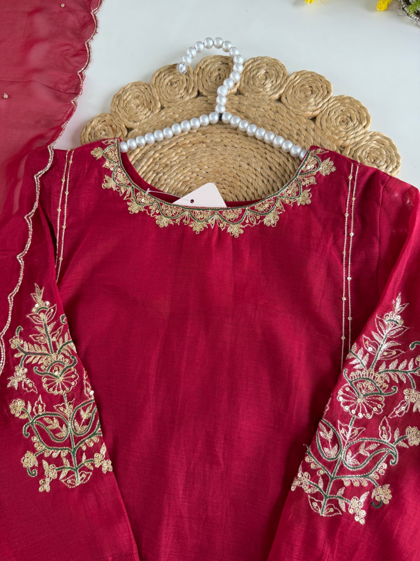 K333 - Mul chanderi handwork aline Kurti with pants and dupatta