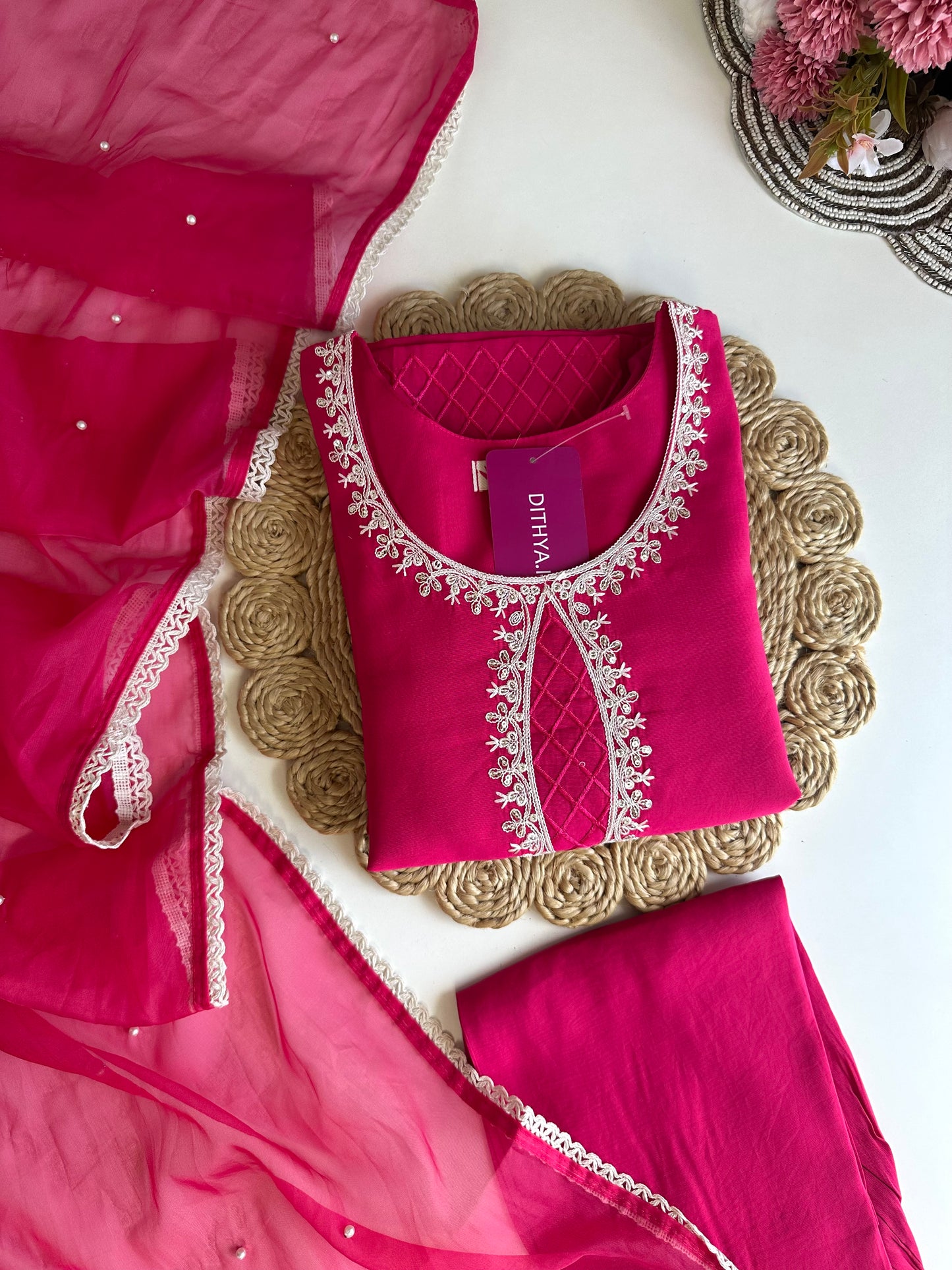 K459 - Roman silk embroidered straight Kurti with pants and dupatta