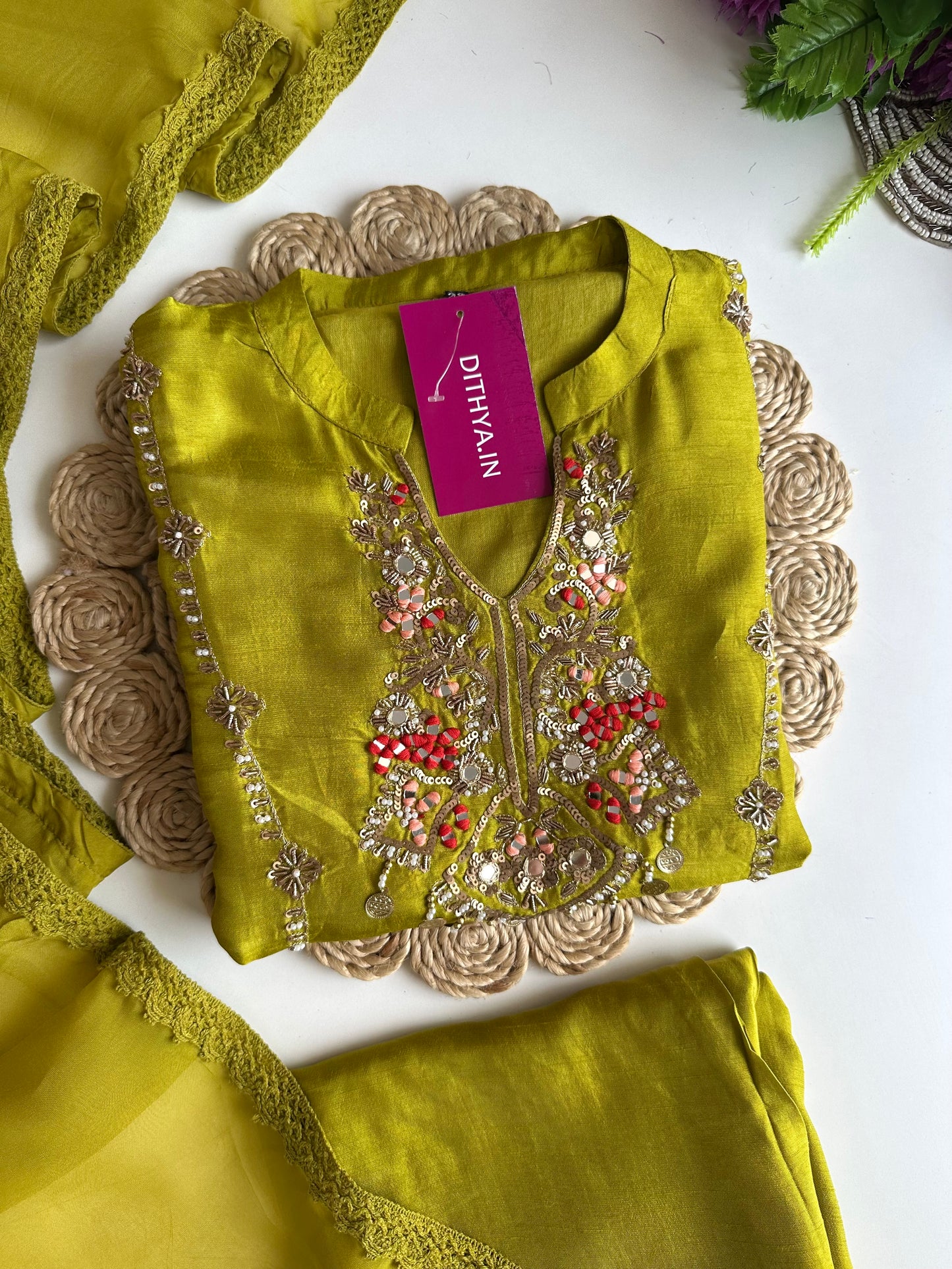 K146 - Russian silk handwork straight Kurti with pants and dupatta